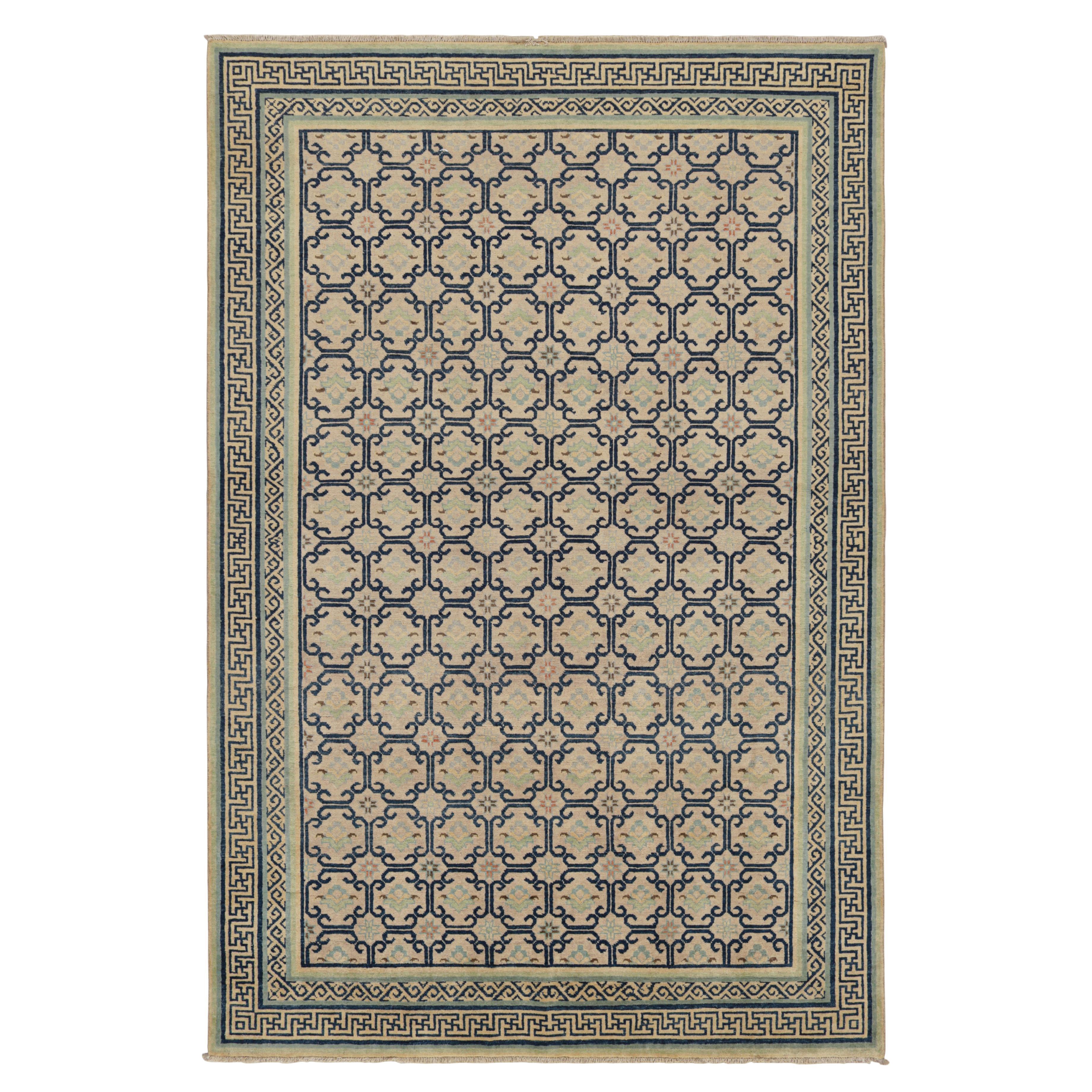 Rug & Kilim’s Art Deco Style Rug in Beige with Blue Geometric Patterns