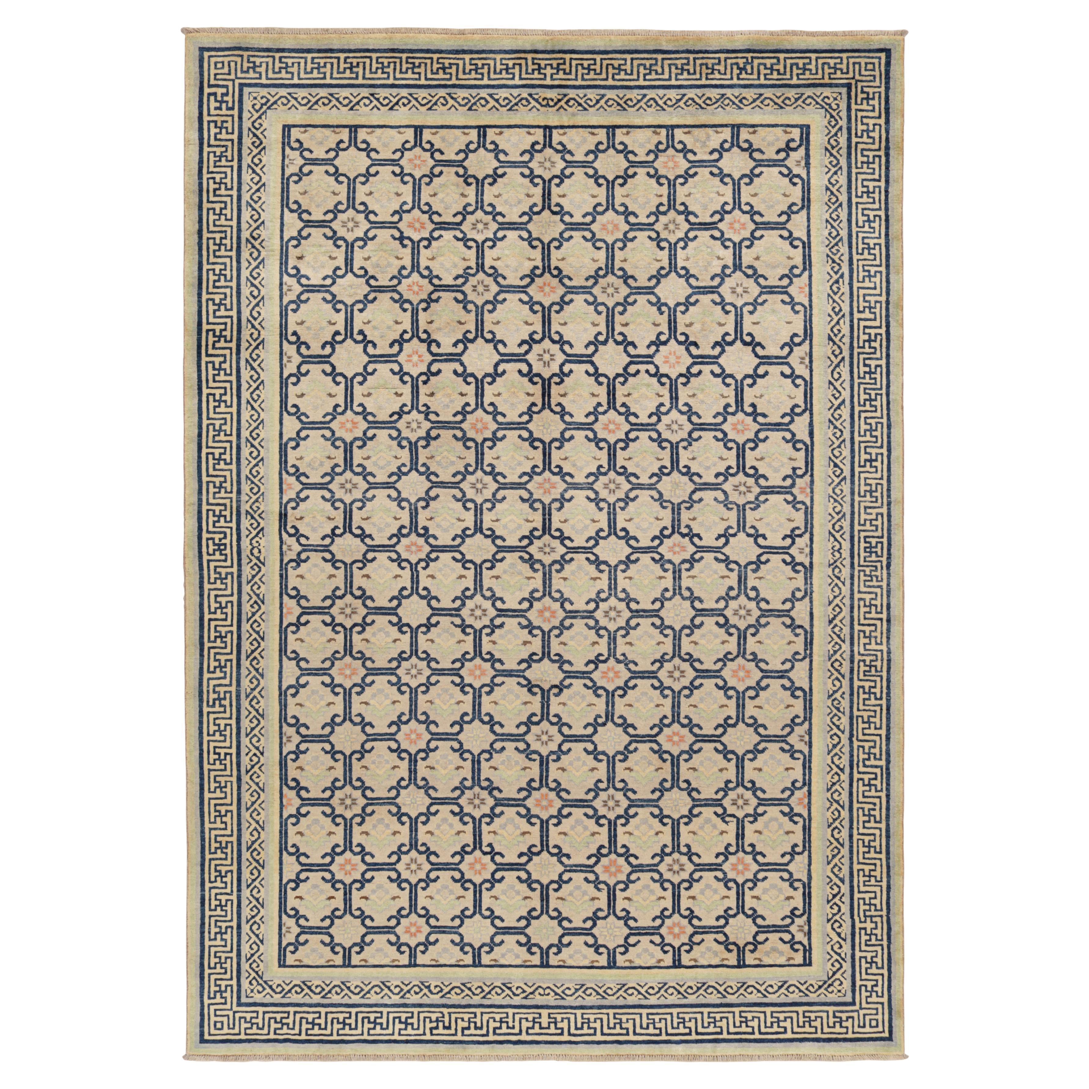 Rug & Kilim’s Art Deco Style Rug in Beige with Blue Geometric Patterns