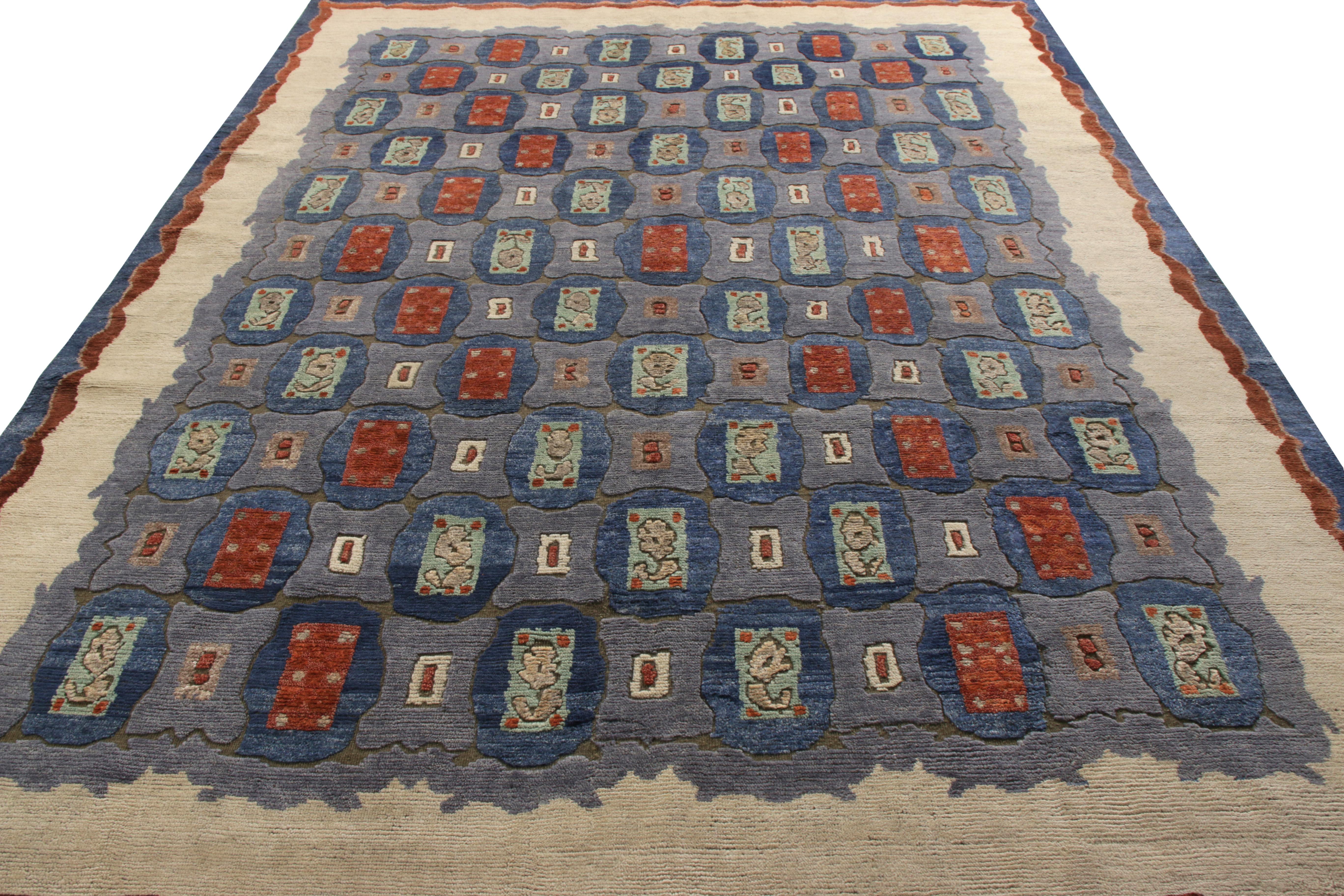 A 9 x 12 ode to celebrated French Art Deco rug styles, joining Rug & Kilim’s Deco Collection. Hand knotted in wool, enjoying an array of blues and red prevailing in a smart pallet with intriguing geometric patterns. 

On the design: This