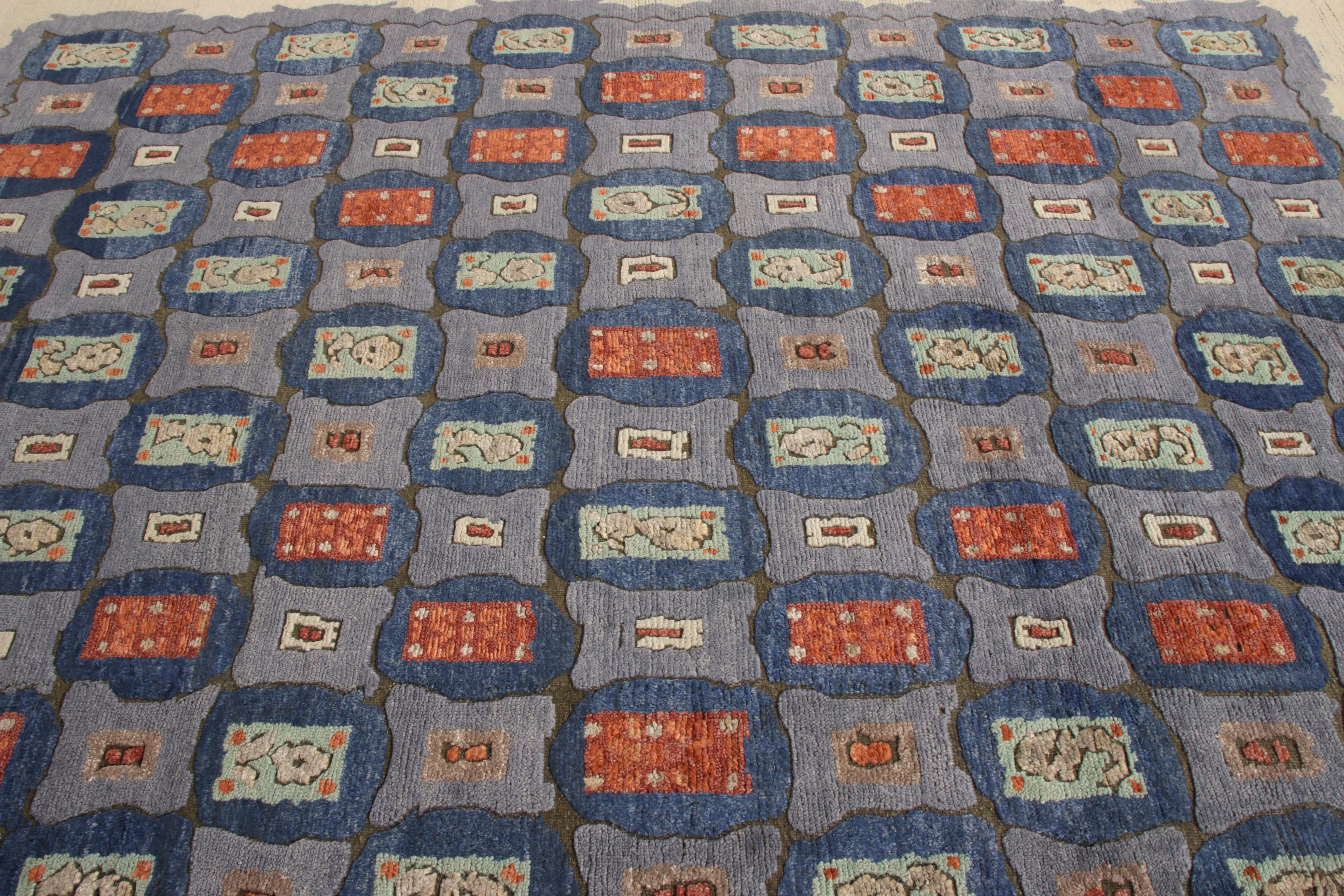 Indian Rug & Kilim’s Art Deco Style Rug in Blue All over Geometric Pattern For Sale