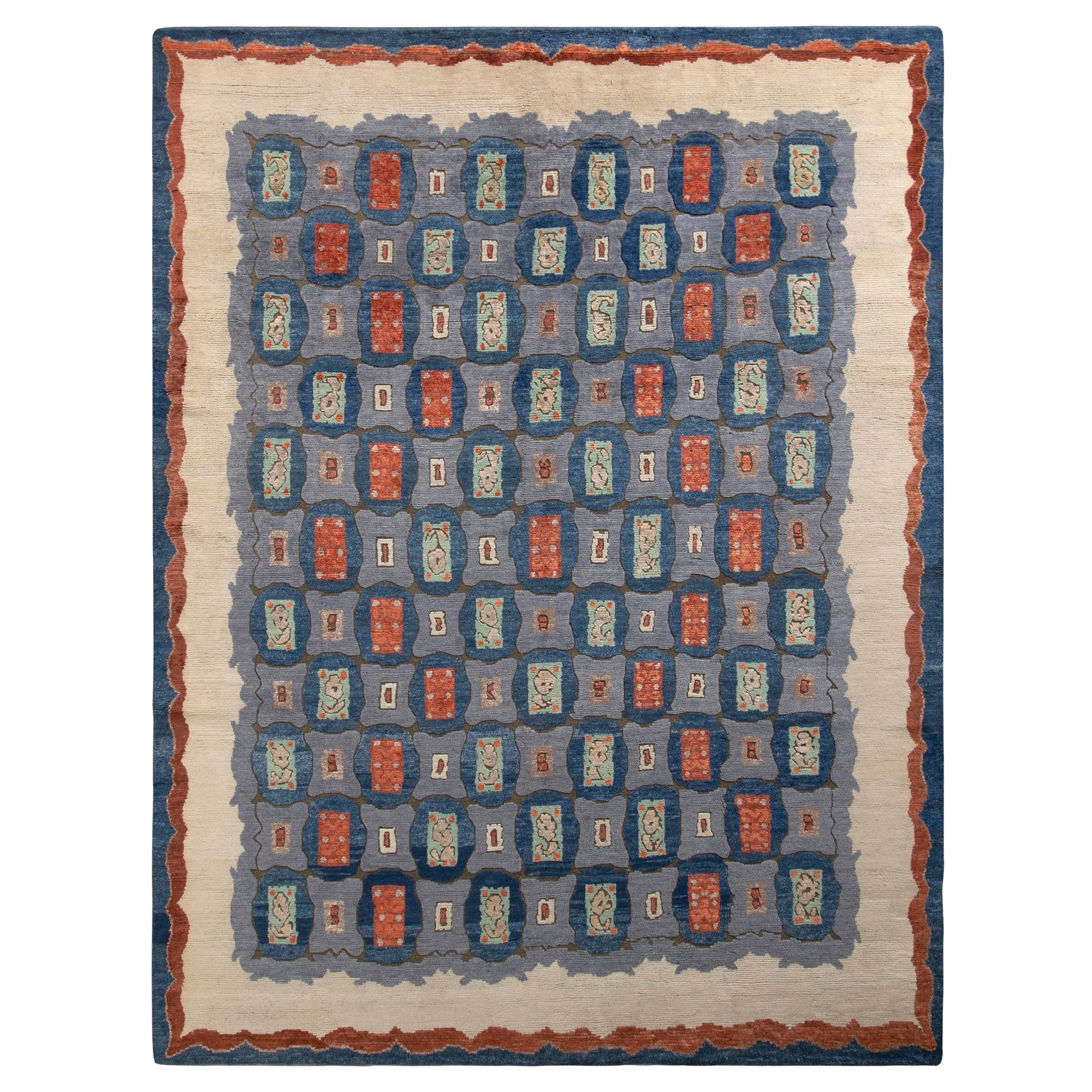 Rug & Kilim’s Art Deco Style Rug in Blue All Over Geometric Pattern For Sale