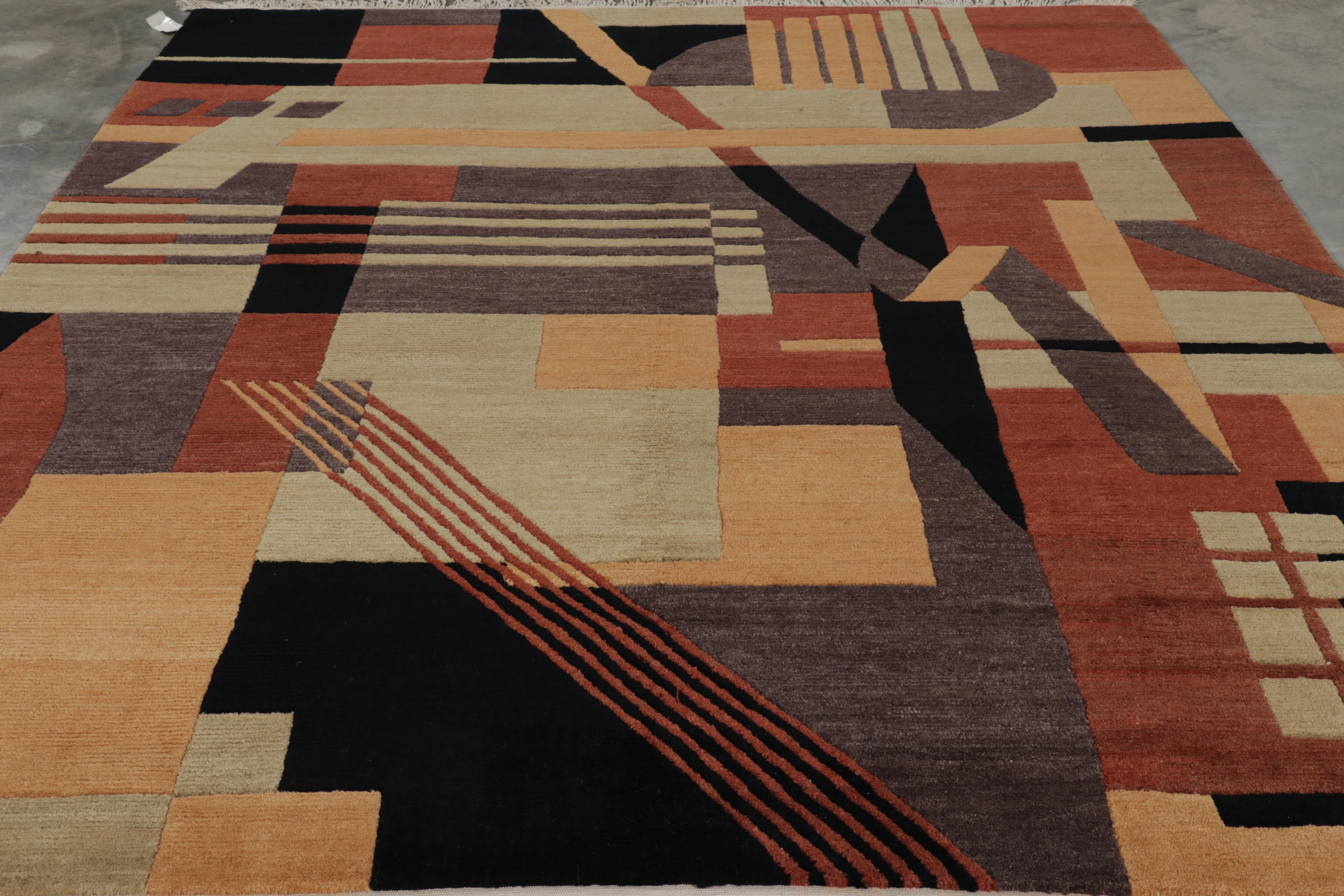 Dieser 8x10 große zeitgenössische Teppich aus handgeknüpfter Wolle, der von einem der renommiertesten Webstühle Nepals stammt, weist geometrische Muster auf, die von kubistischen Prinzipien inspiriert sind - eine aufregende neue Ergänzung der