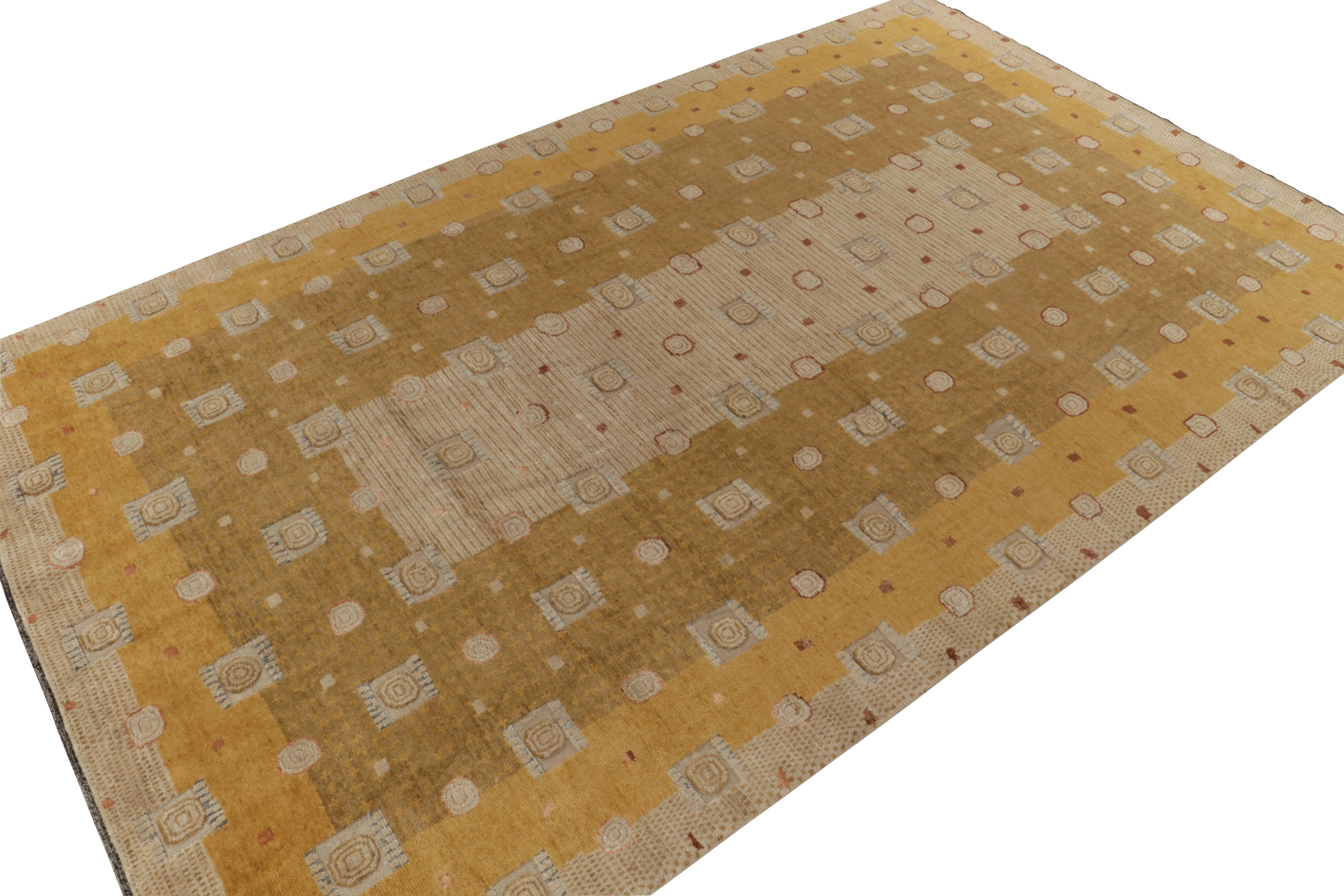 Indian Rug & Kilim’s Art Deco Style Rug in Gold and Beige-Brown Geometric Pattern For Sale
