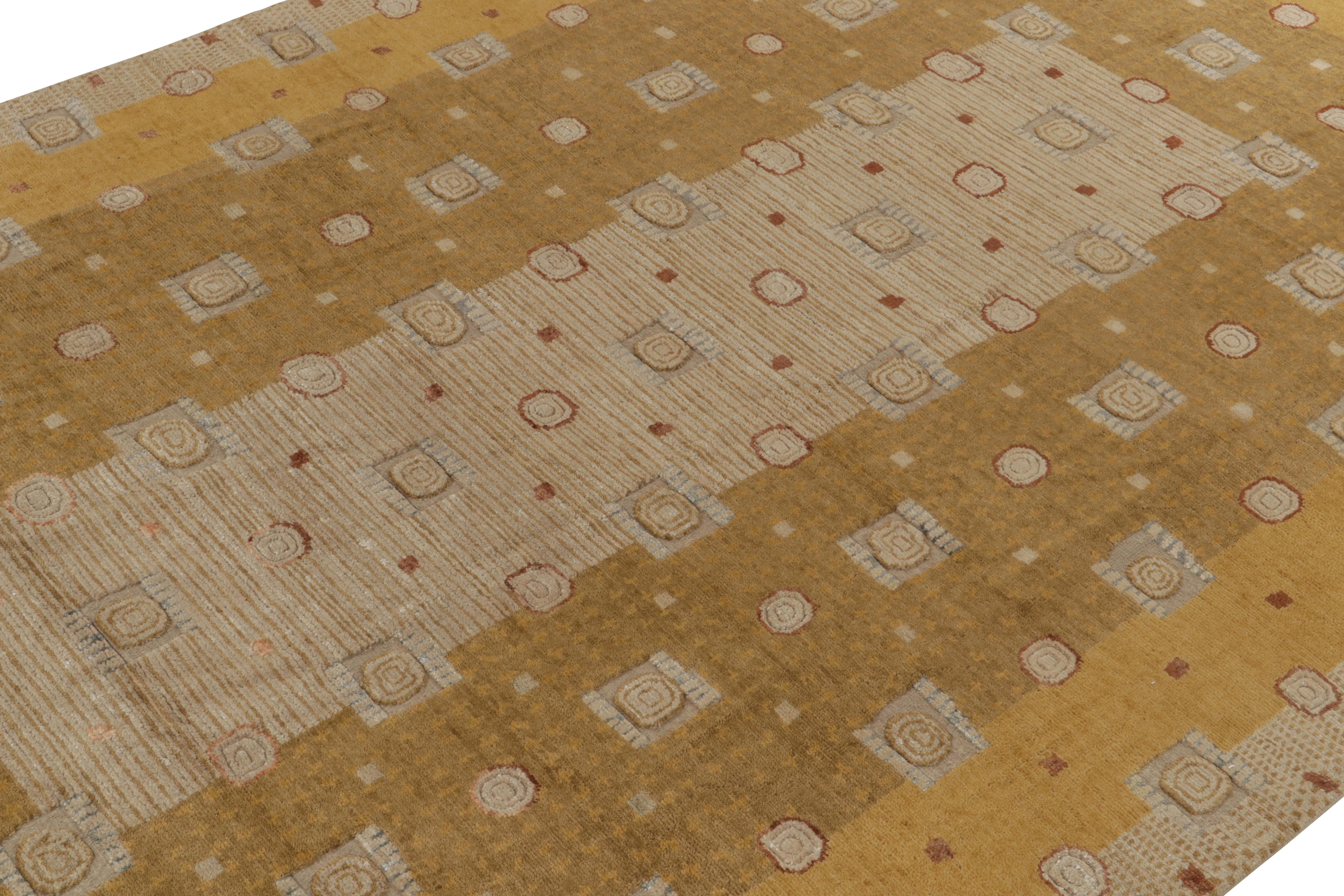Hand-Knotted Rug & Kilim’s Art Deco Style Rug in Gold and Beige-Brown Geometric Pattern For Sale