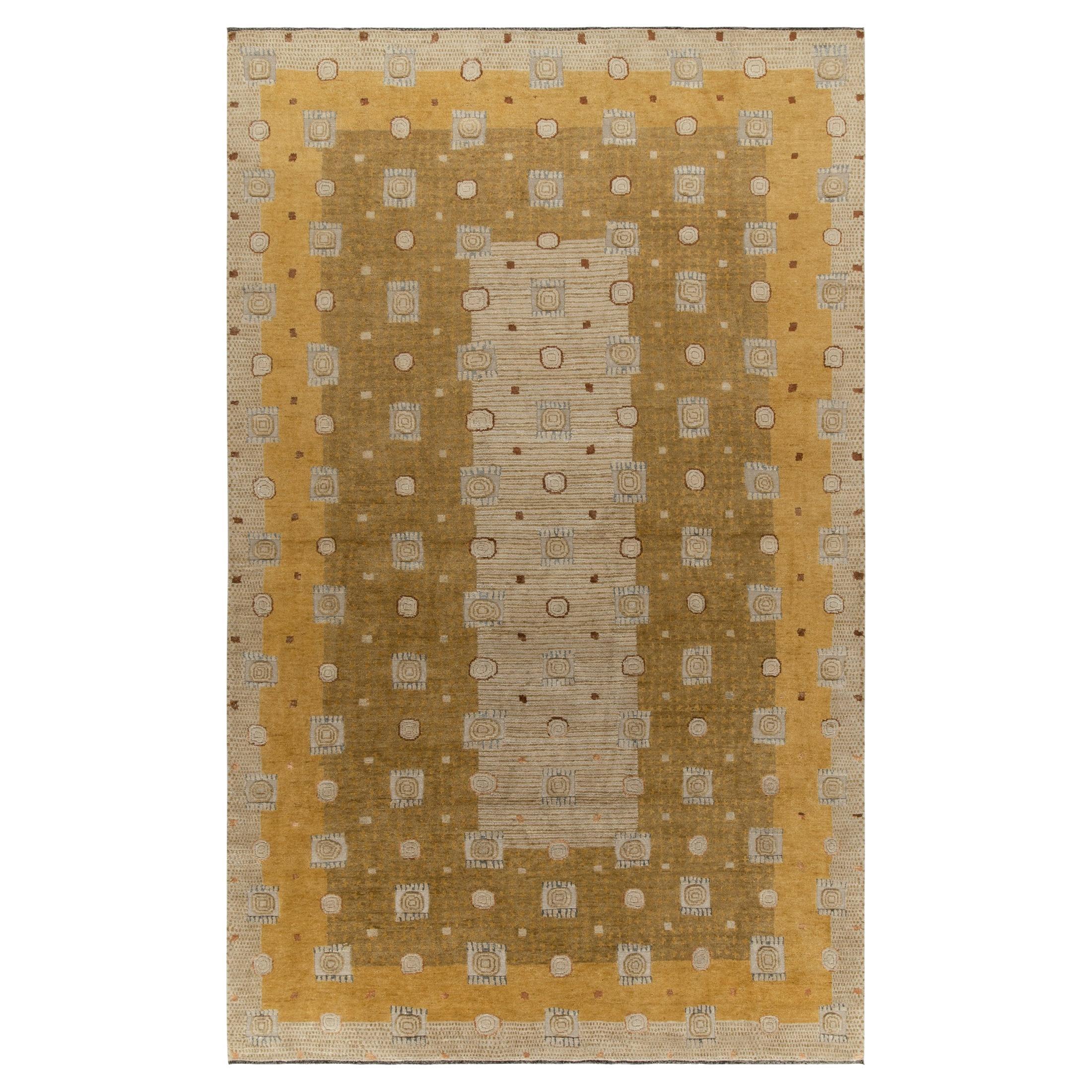 Rug & Kilim’s Art Deco Style Rug in Gold and Beige-Brown Geometric Pattern For Sale