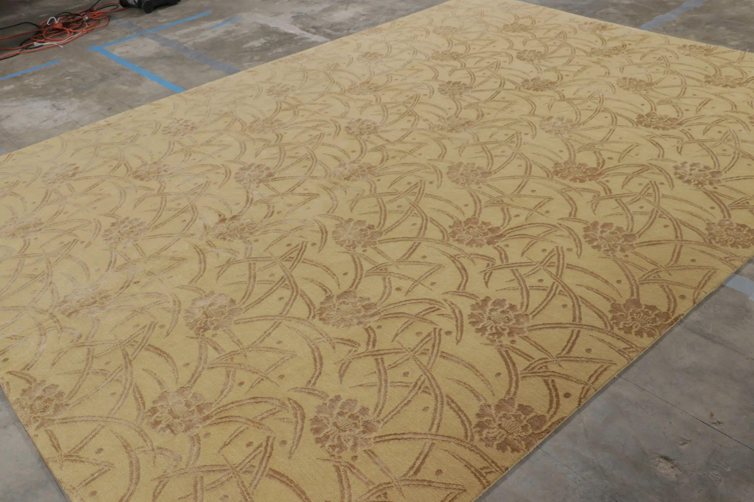Nepalese Rug & Kilim’s Art Deco Style Rug in Gold with Beige Floral Patterns “Bamboo” For Sale