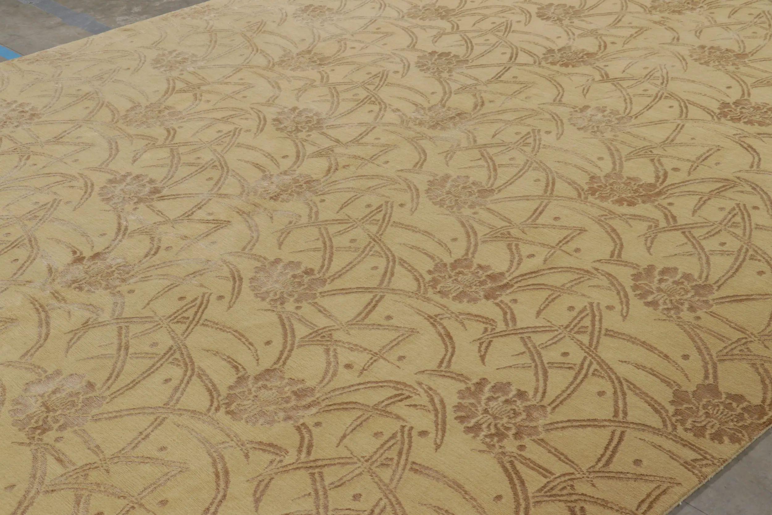 Hand-Knotted Rug & Kilim’s Art Deco Style Rug in Gold with Beige Floral Patterns “Bamboo” For Sale