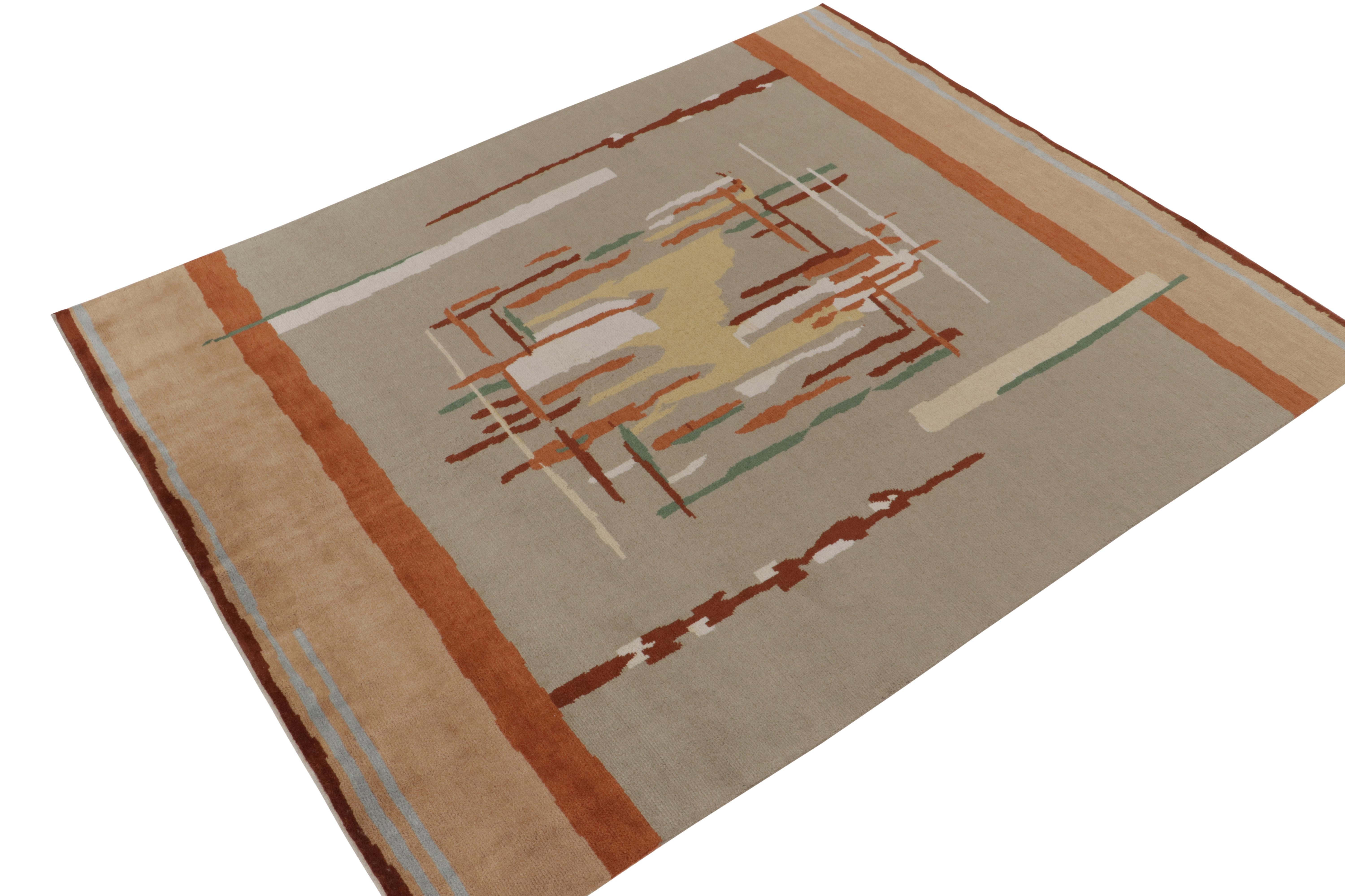 Hand-knotted in wool, a modern 8x10 inspired by coveted Art Deco rug styles, recaptured in Rug & Kilim’s titular collection. Inspired by midcentury take in this style a deco style pattern in warm orange, beige and gray with green punctuations in