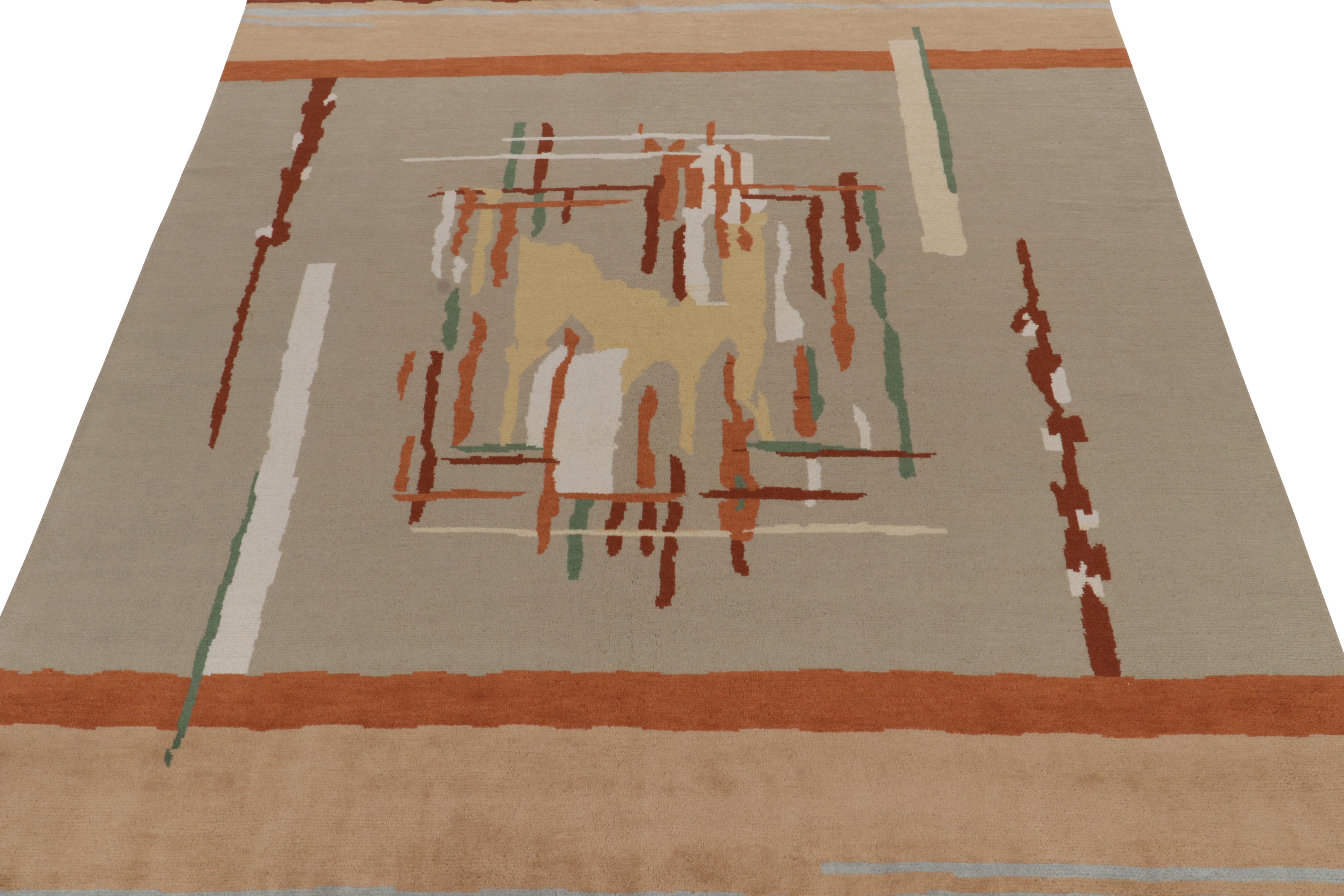 Indian Rug & Kilim’s Art Deco Style Rug in Gray, Orange & Beige Geometric Patterns For Sale