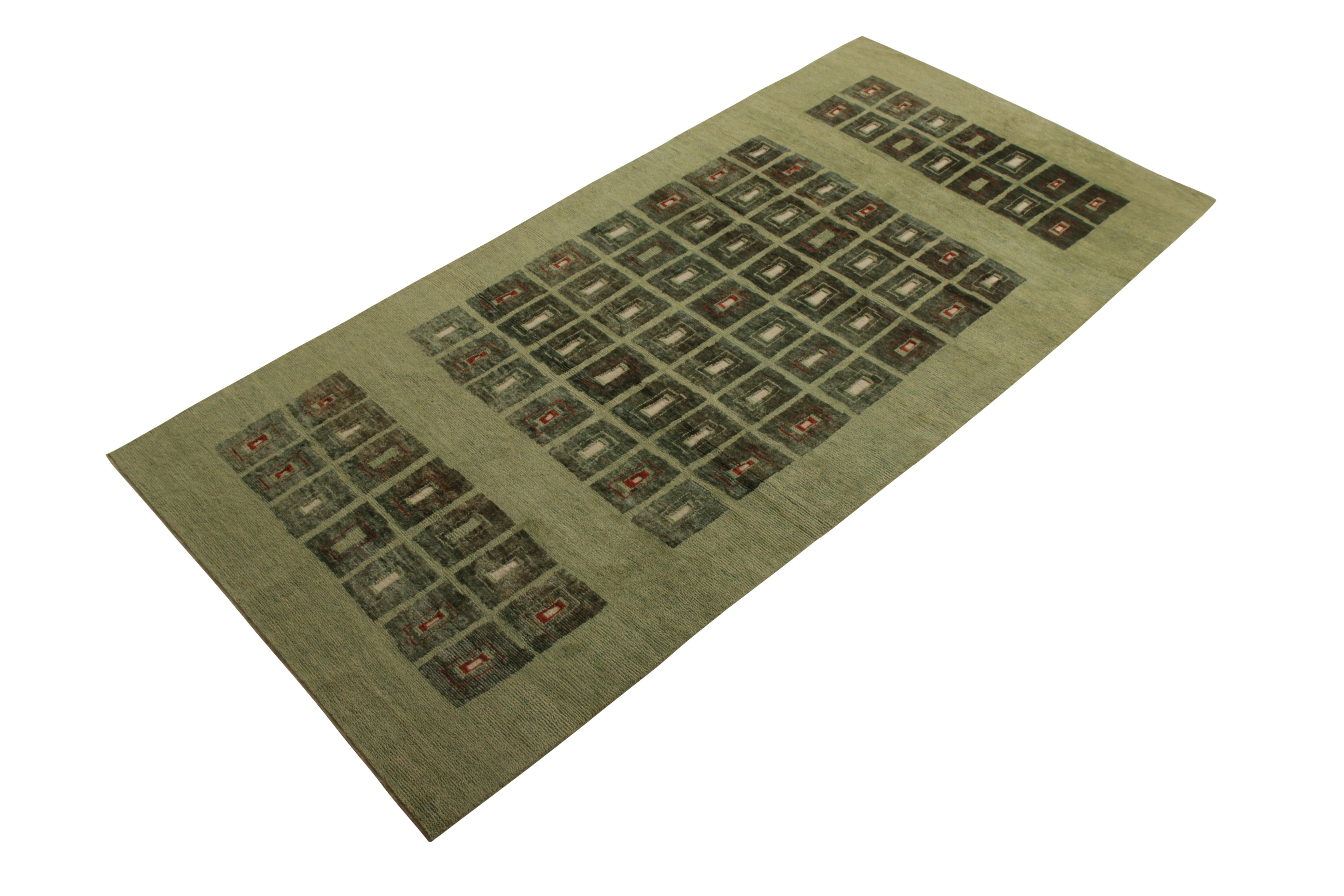 Modern Rug & Kilim’s Art Deco Style Rug in Green High-Low Geometric Pattern For Sale