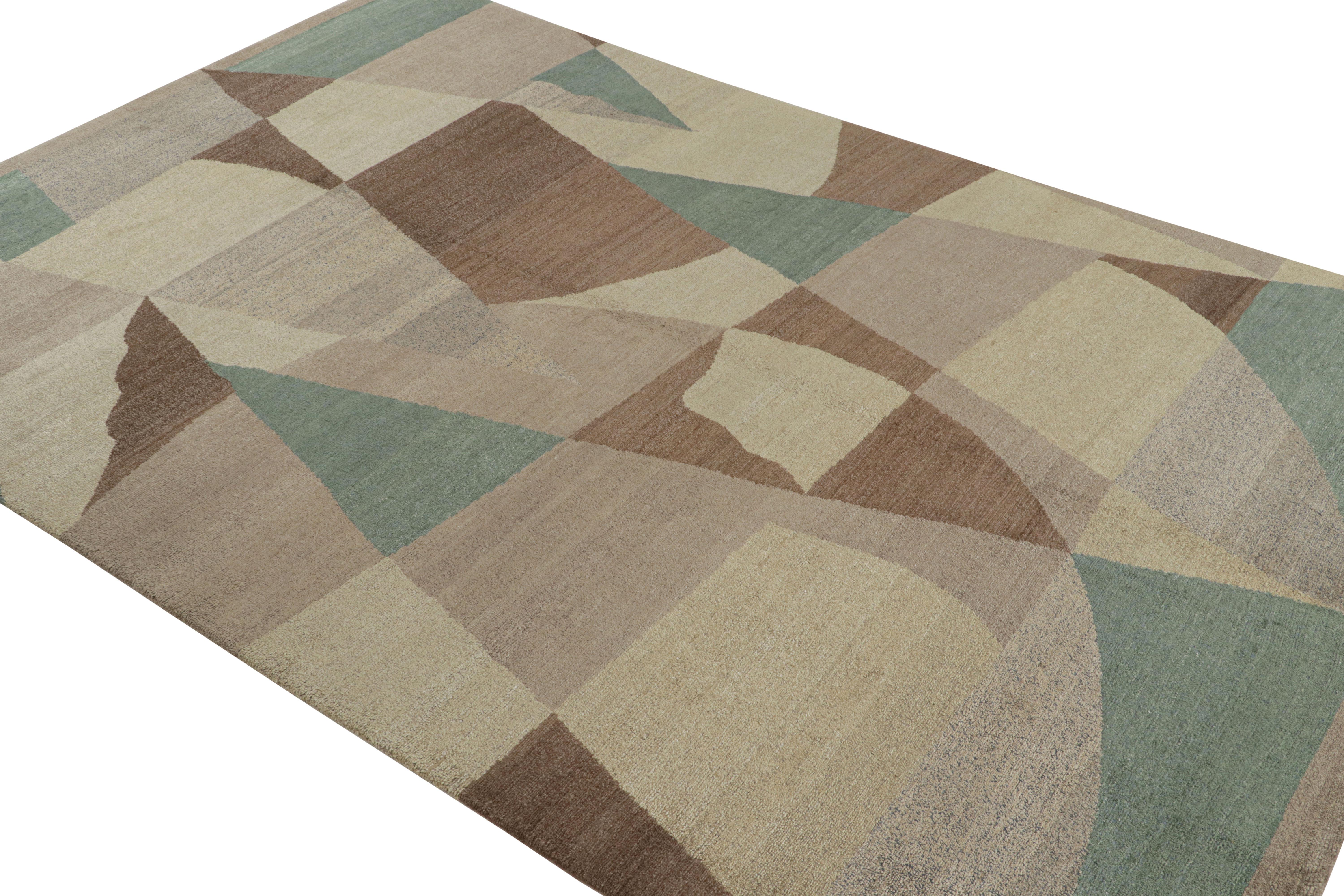 Fabricada con lana anudada a mano y procedente de uno de los telares más reputados de Nepal, esta alfombra 6x9 de estilo art déco contemporáneo presenta motivos geométricos inspirados en los principios cubistas.

Sobre el diseño: 

Esta pieza se