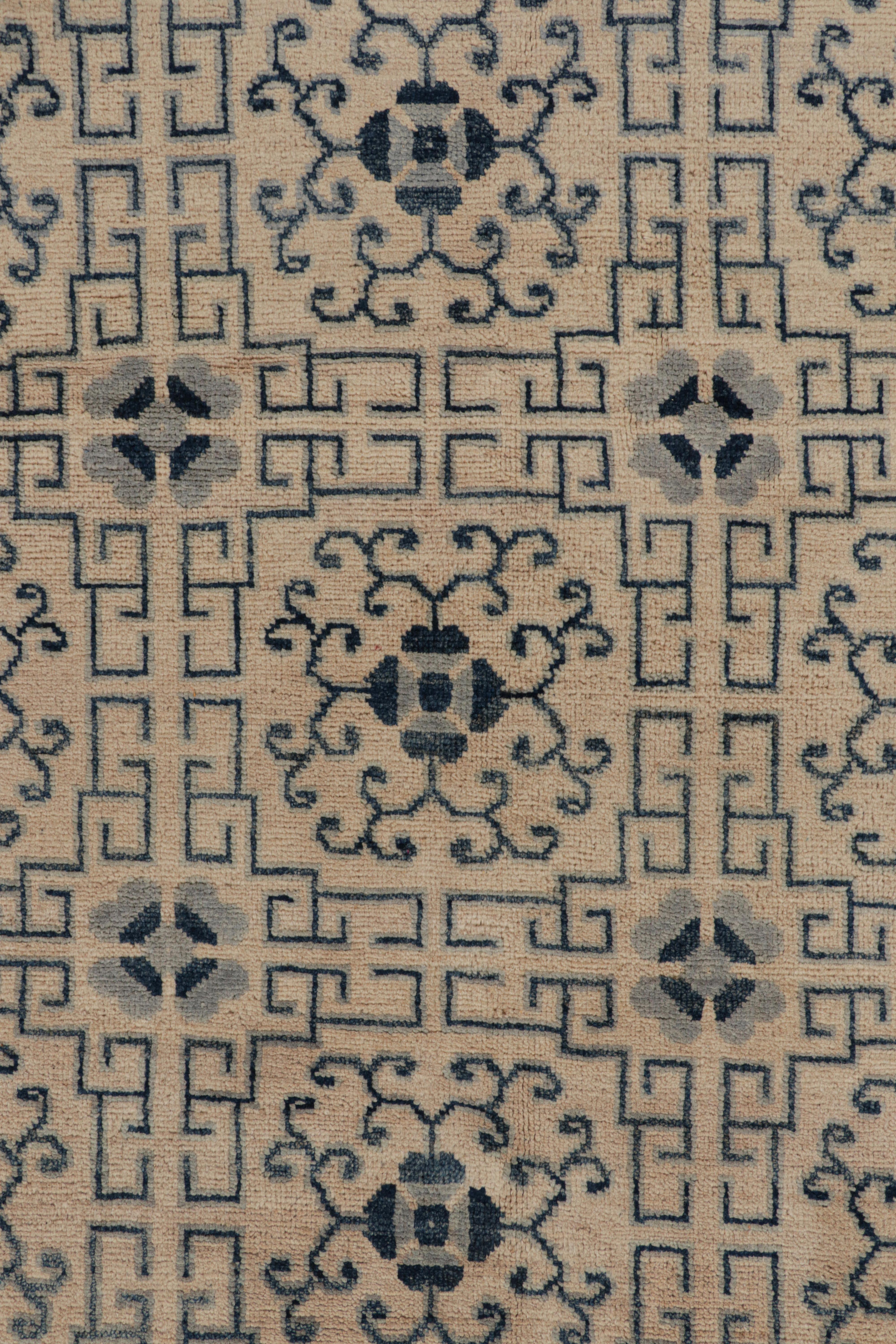 Afghan Rug & Kilim’s Art Deco Style Rug in White with Blue Geometric Patterns For Sale