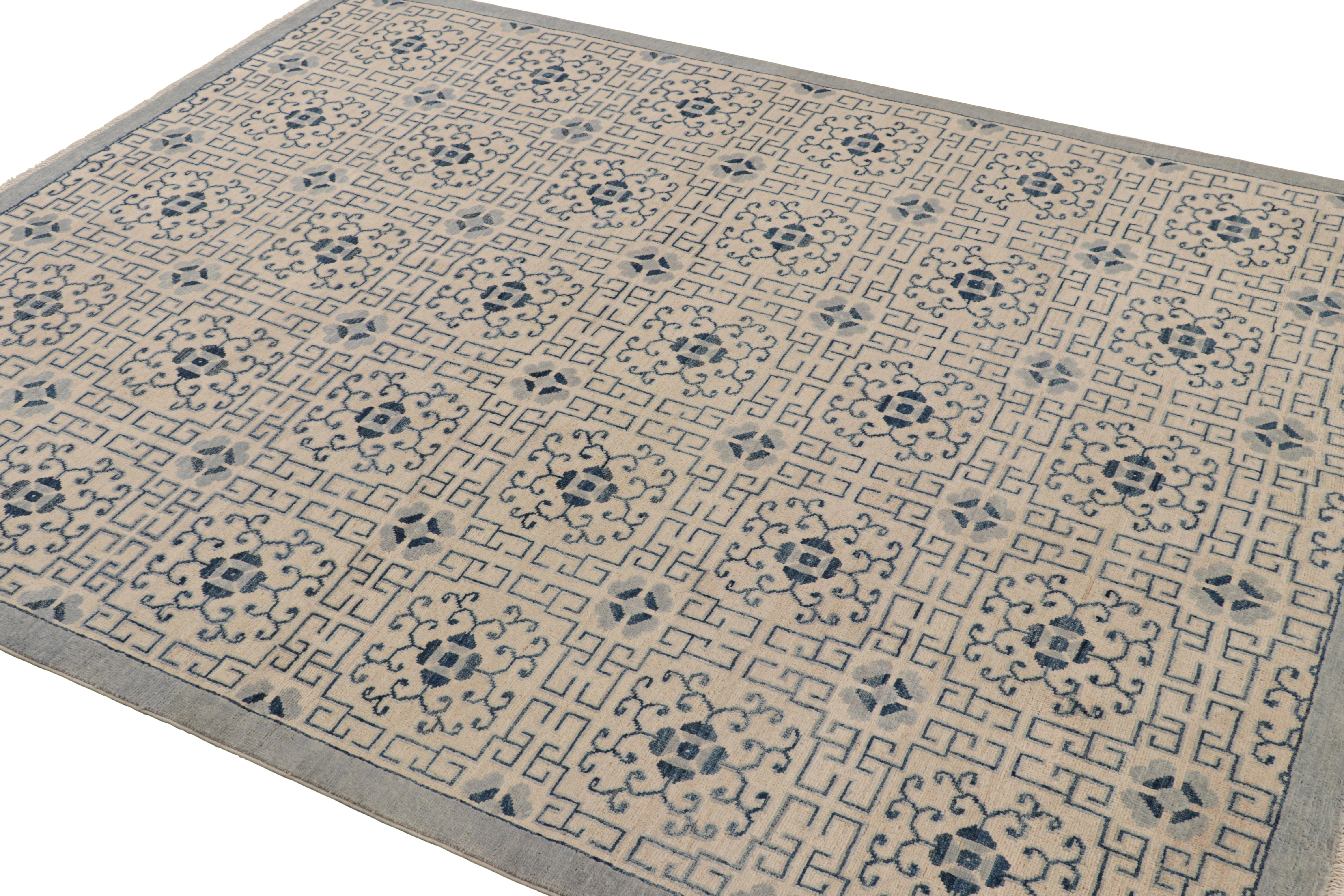 Hand-Knotted Rug & Kilim’s Art Deco Style Rug in White with Blue Geometric Patterns For Sale