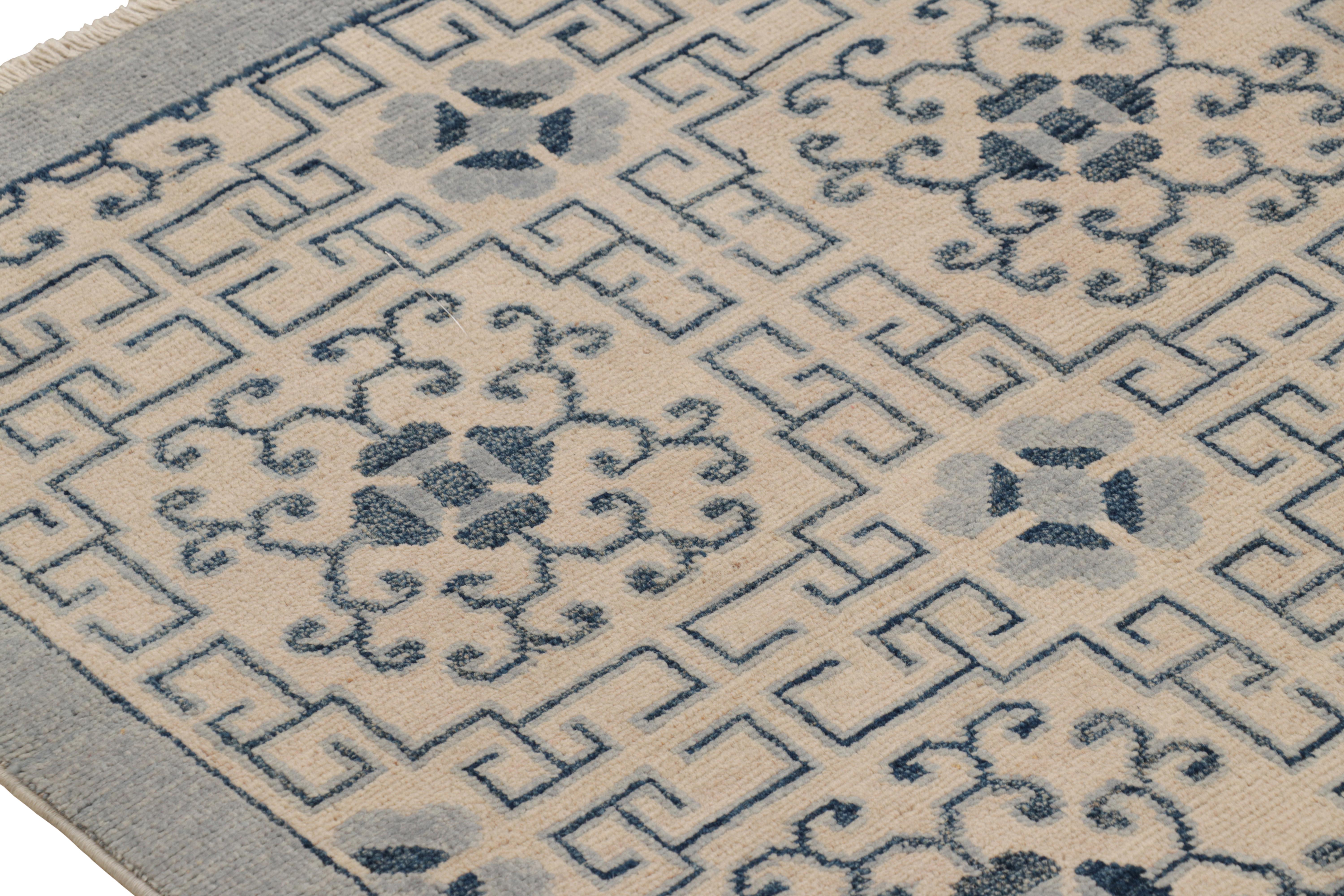 Contemporary Rug & Kilim’s Art Deco Style Rug in White with Blue Geometric Patterns For Sale
