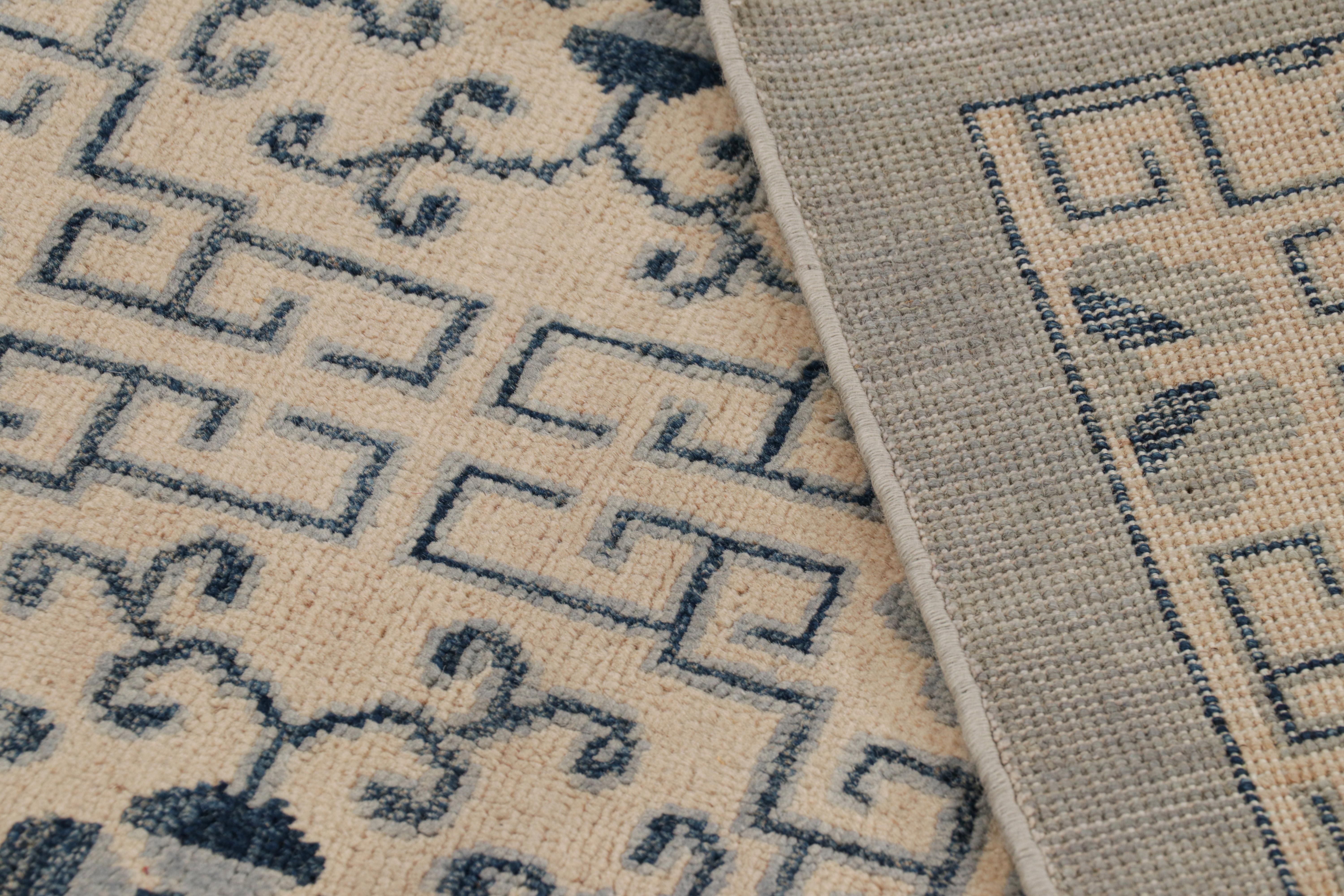Wool Rug & Kilim’s Art Deco Style Rug in White with Blue Geometric Patterns For Sale