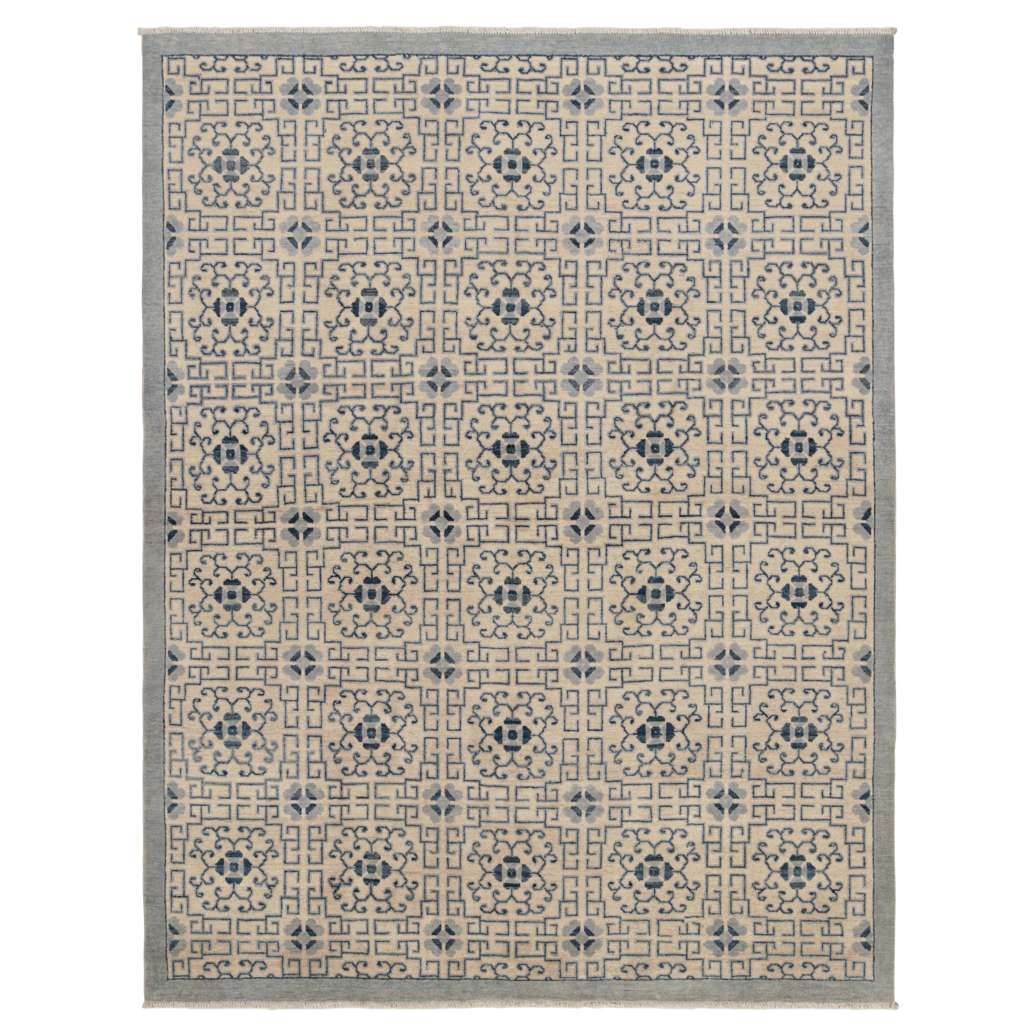 Rug & Kilim’s Art Deco Style Rug in White with Blue Geometric Patterns