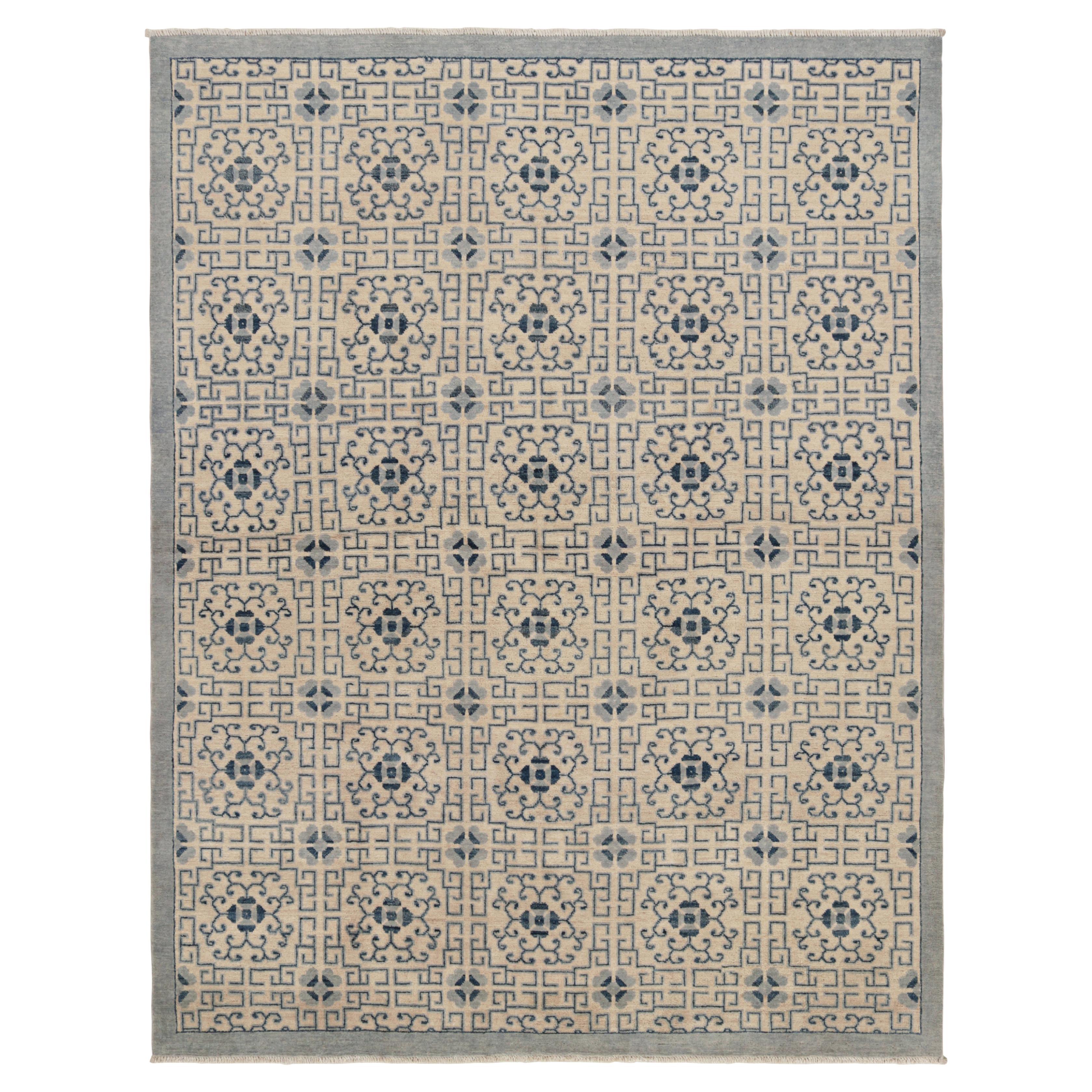 Rug & Kilim’s Art Deco Style Rug in White with Blue Geometric Patterns For Sale