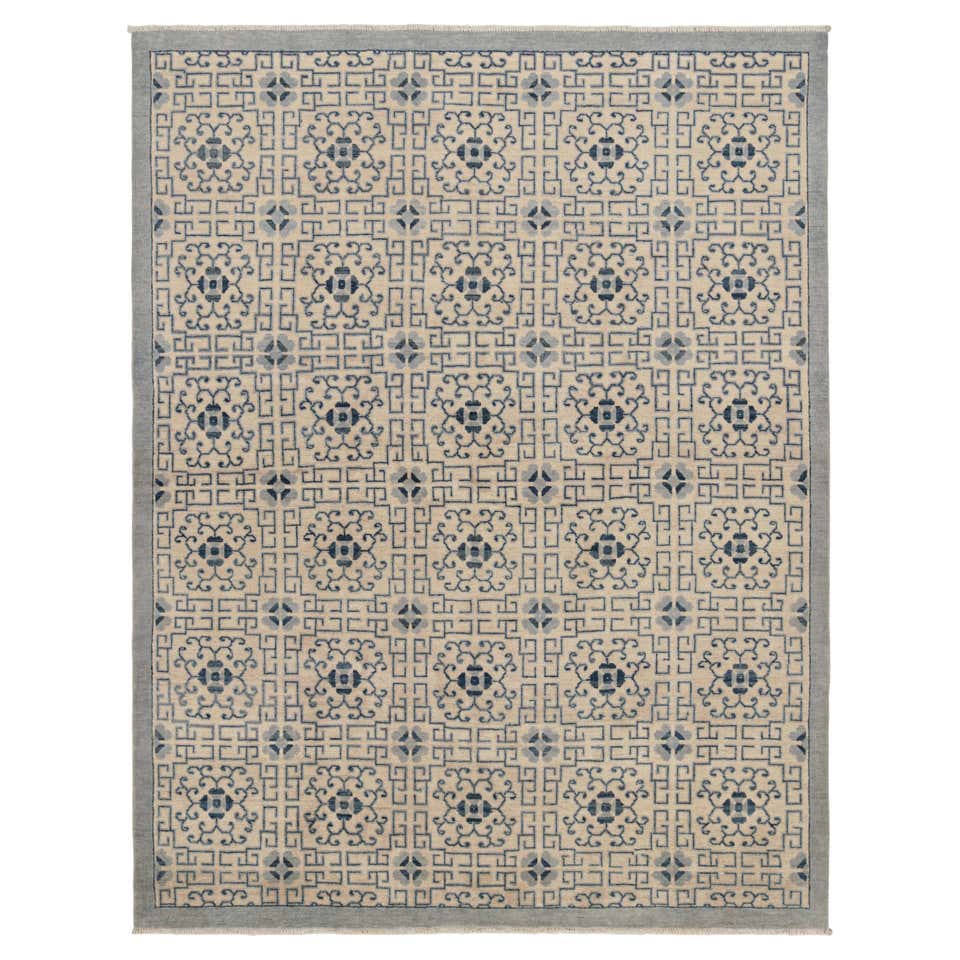 Rug and Kilim’s Art Deco Style Rug in Beige with Blue Geometric ...
