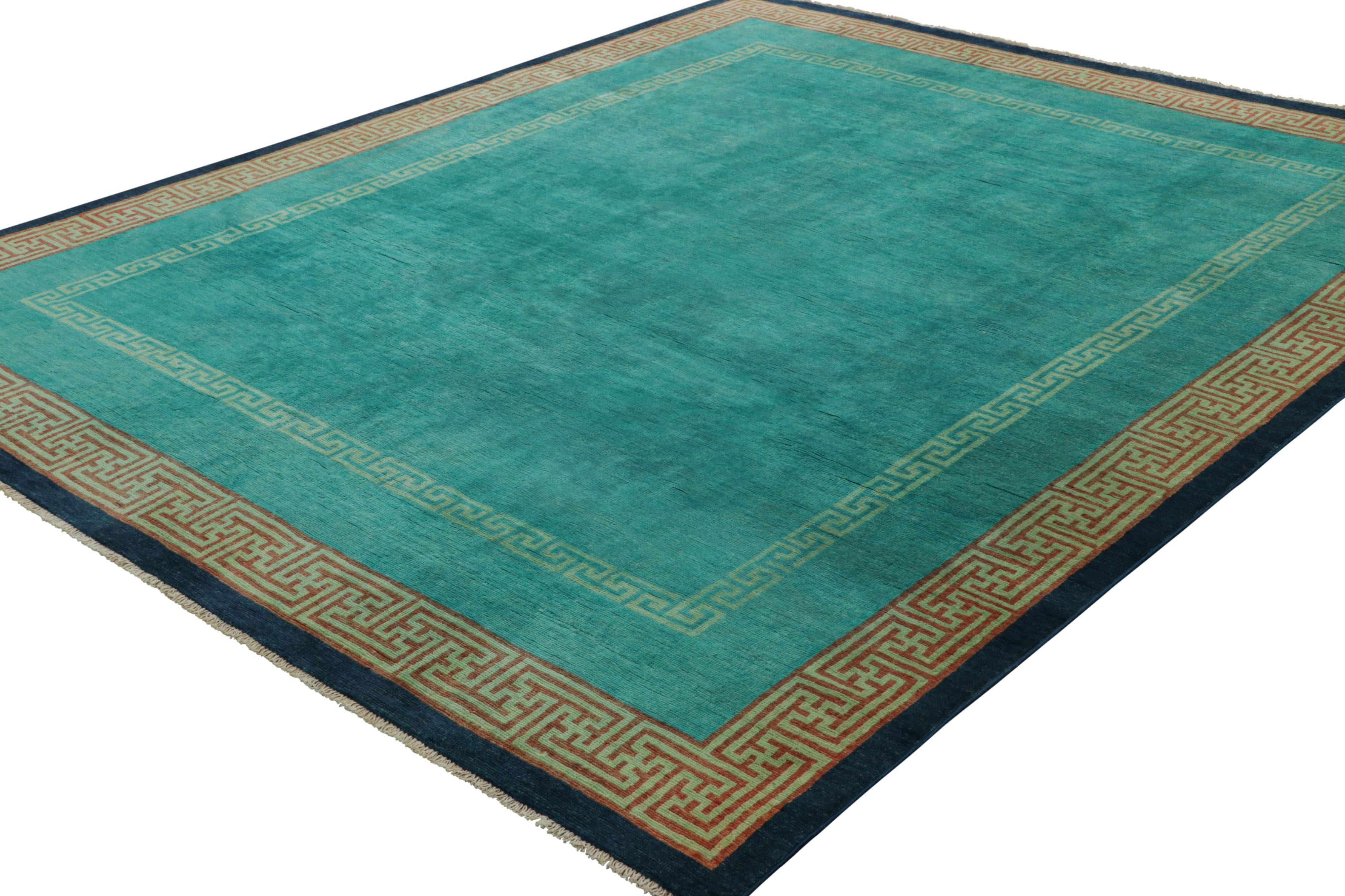 Alfombra estilo Art Déco de Rug & Kilim, campo abierto azul turquesa y bordes de llave griega Afgano en venta
