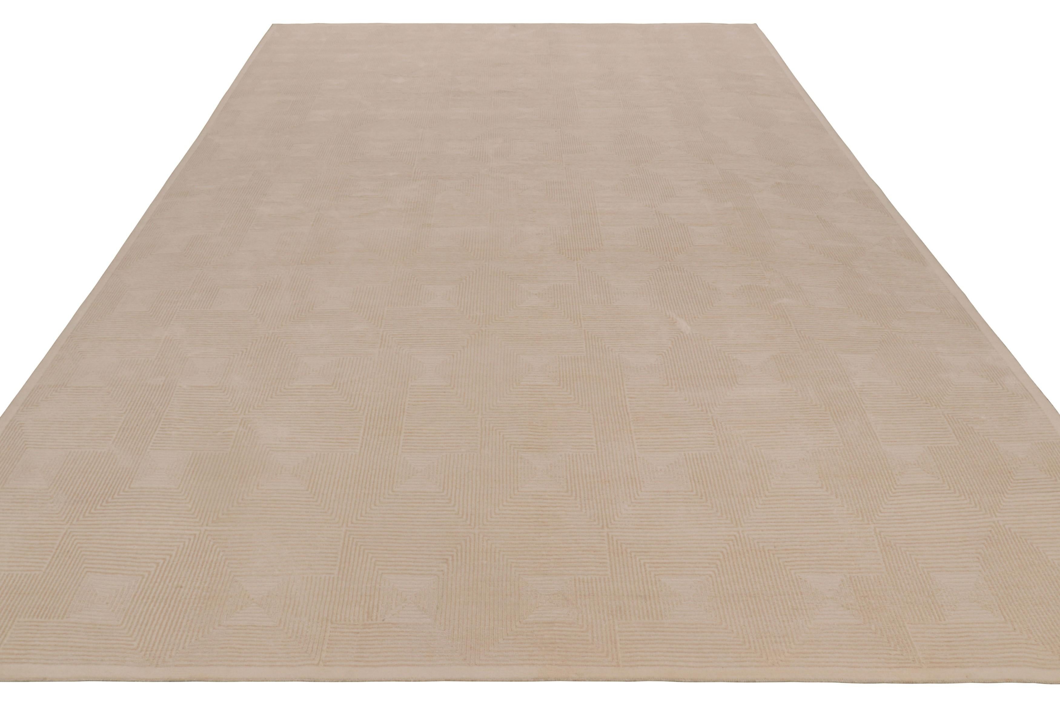 Nepalese Rug & Kilim’s Art Deco Style Rug with Cubist Geometric Patterns in Cream White For Sale
