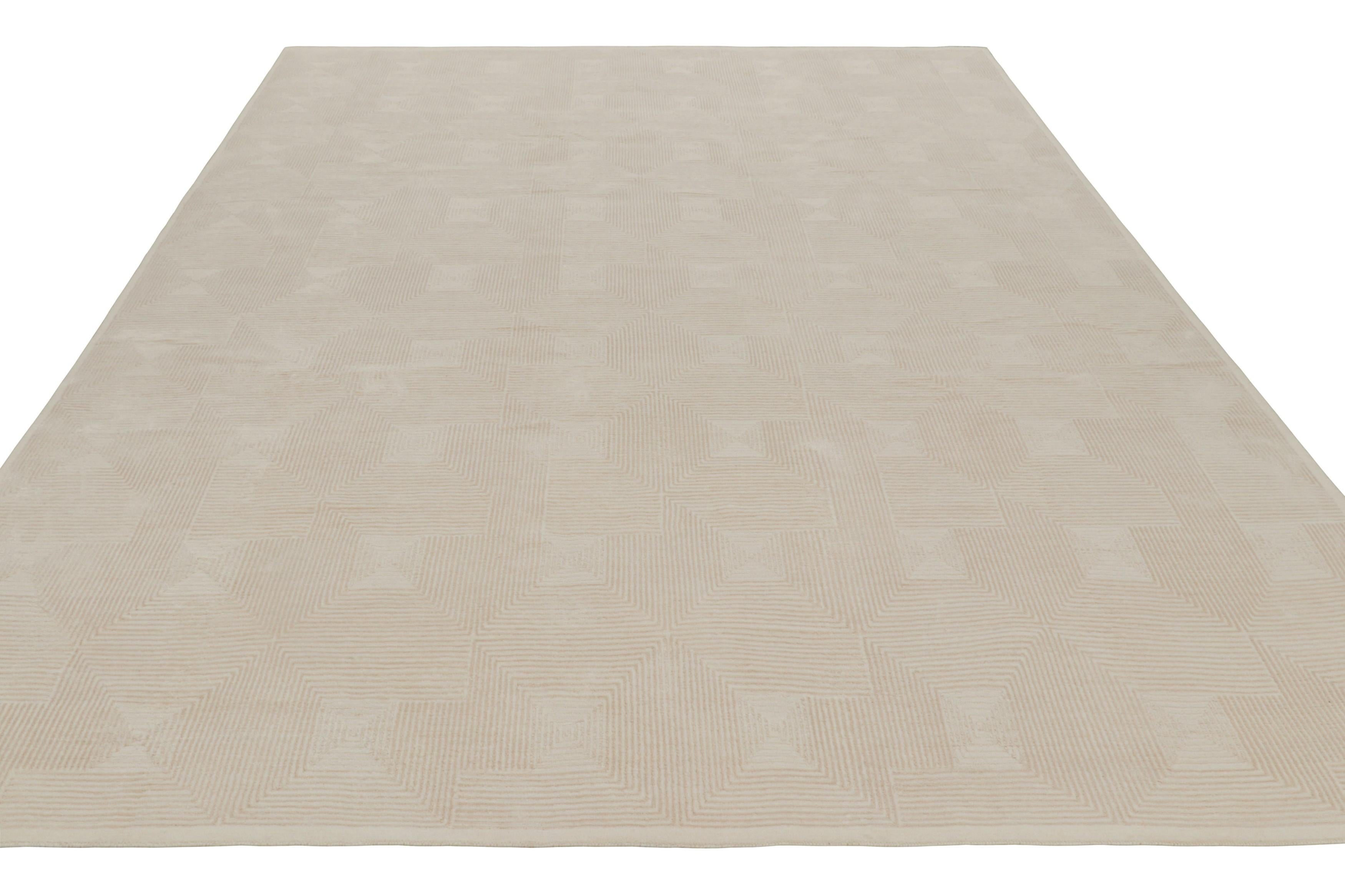Nepalese Rug & Kilim’s Art Deco Style Rug with Cubist Geometric Patterns in Cream White For Sale