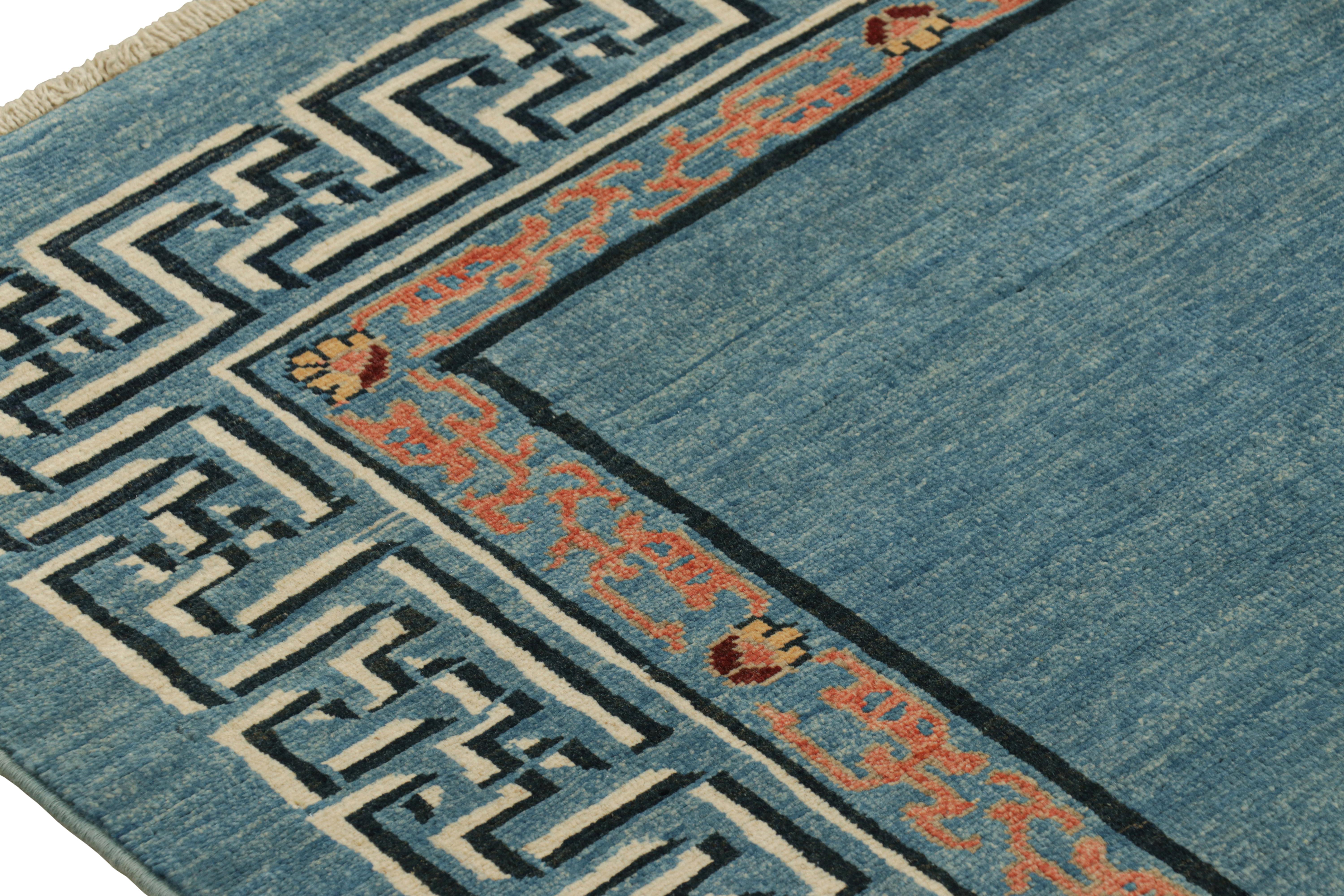 Afghan Rug & Kilim’s Art Deco Style Rug with Light Blue Open Field & Geometric Borders For Sale