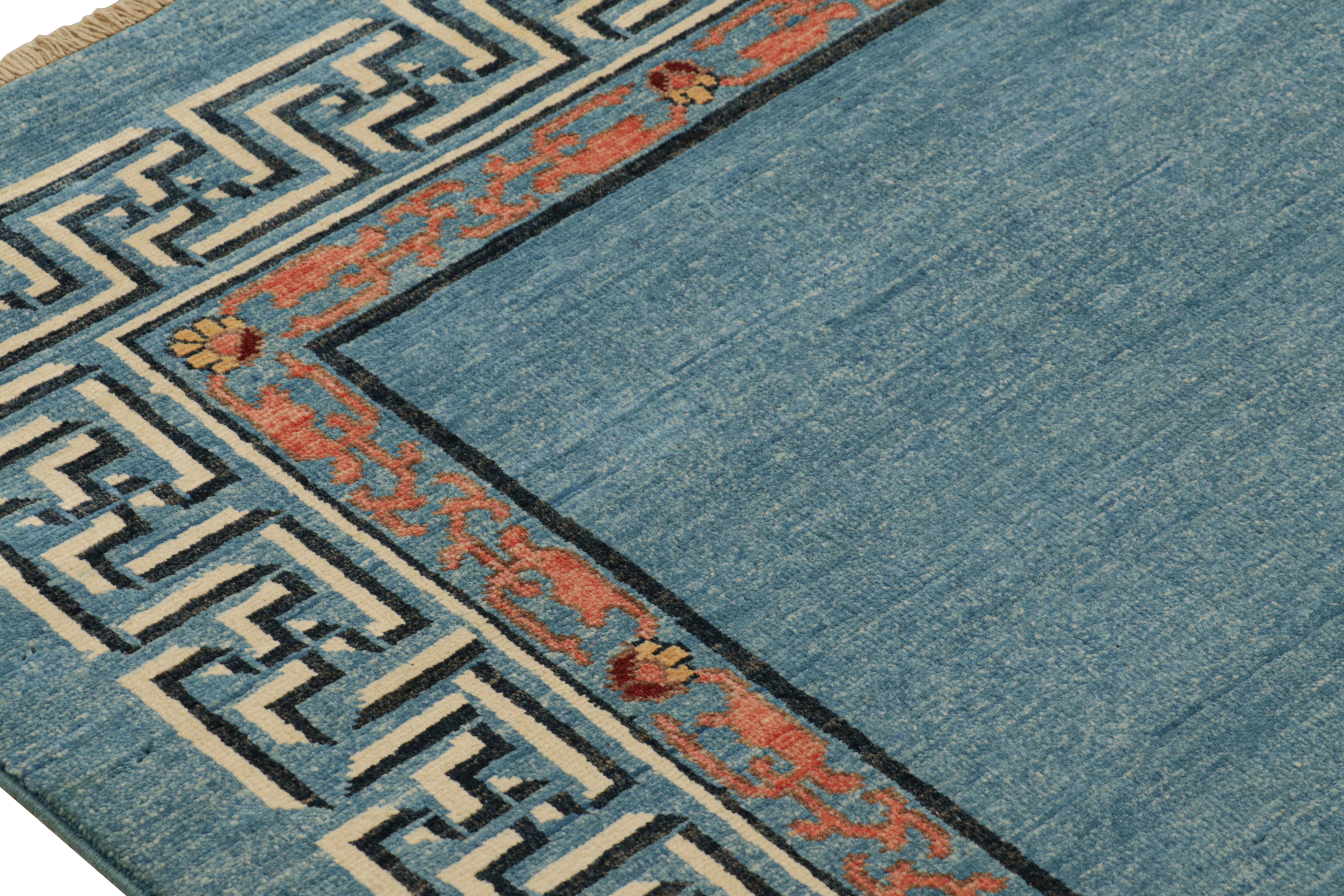 Afghan Rug & Kilim’s Art Deco Style Rug with Light Blue Open Field & Geometric Borders For Sale