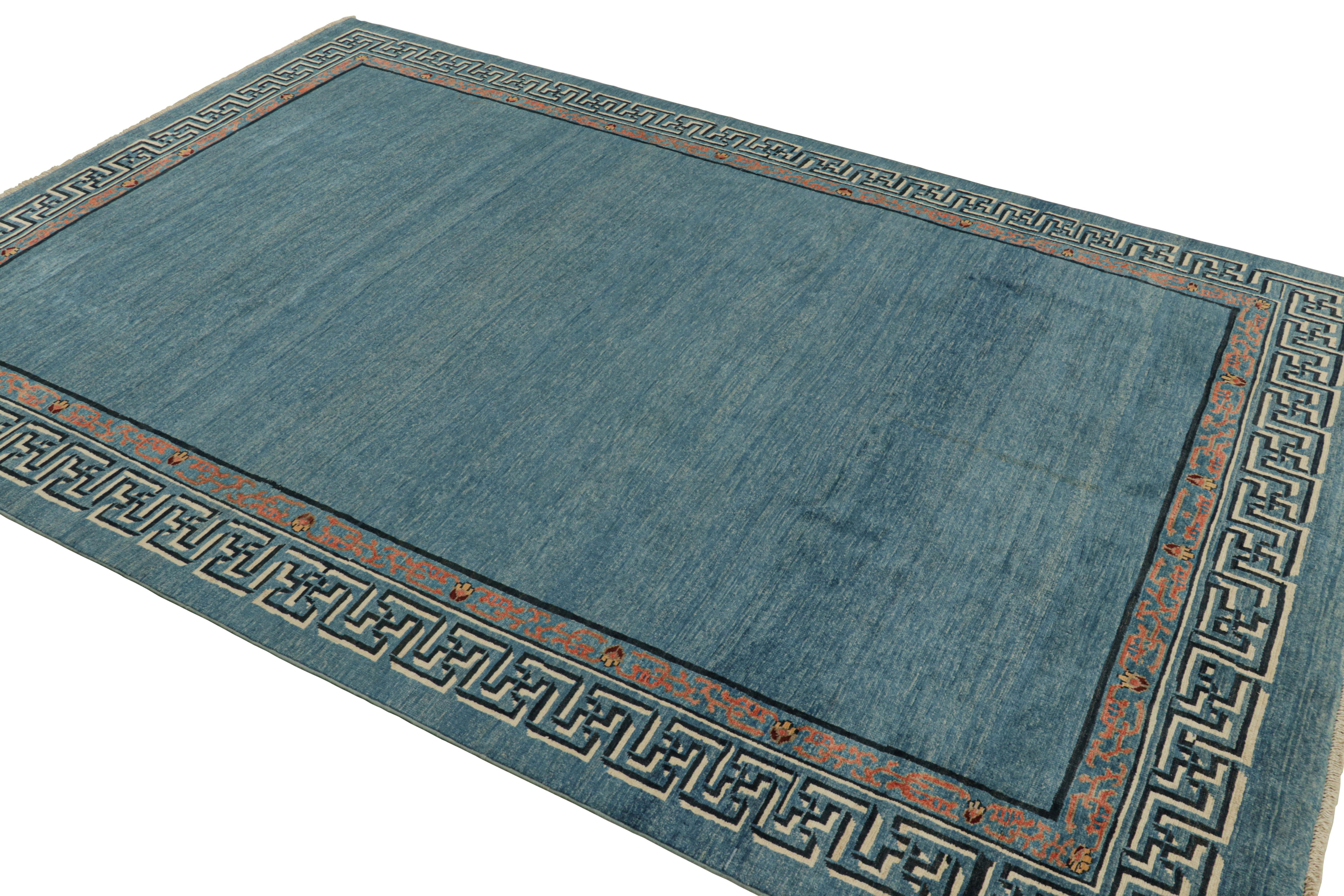 Hand-Knotted Rug & Kilim’s Art Deco Style Rug with Light Blue Open Field & Geometric Borders For Sale