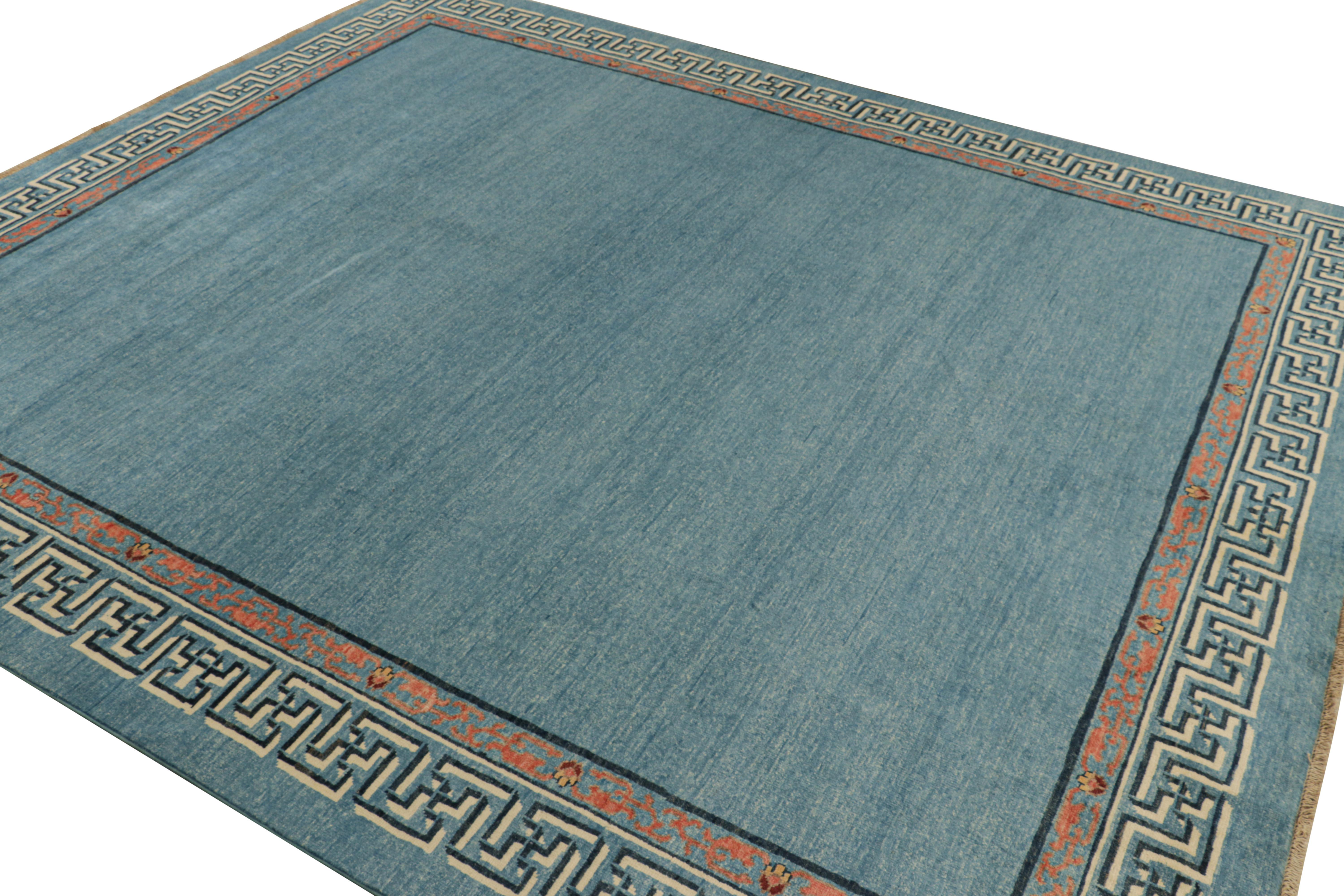 Hand-Knotted Rug & Kilim’s Art Deco Style Rug with Light Blue Open Field & Geometric Borders For Sale