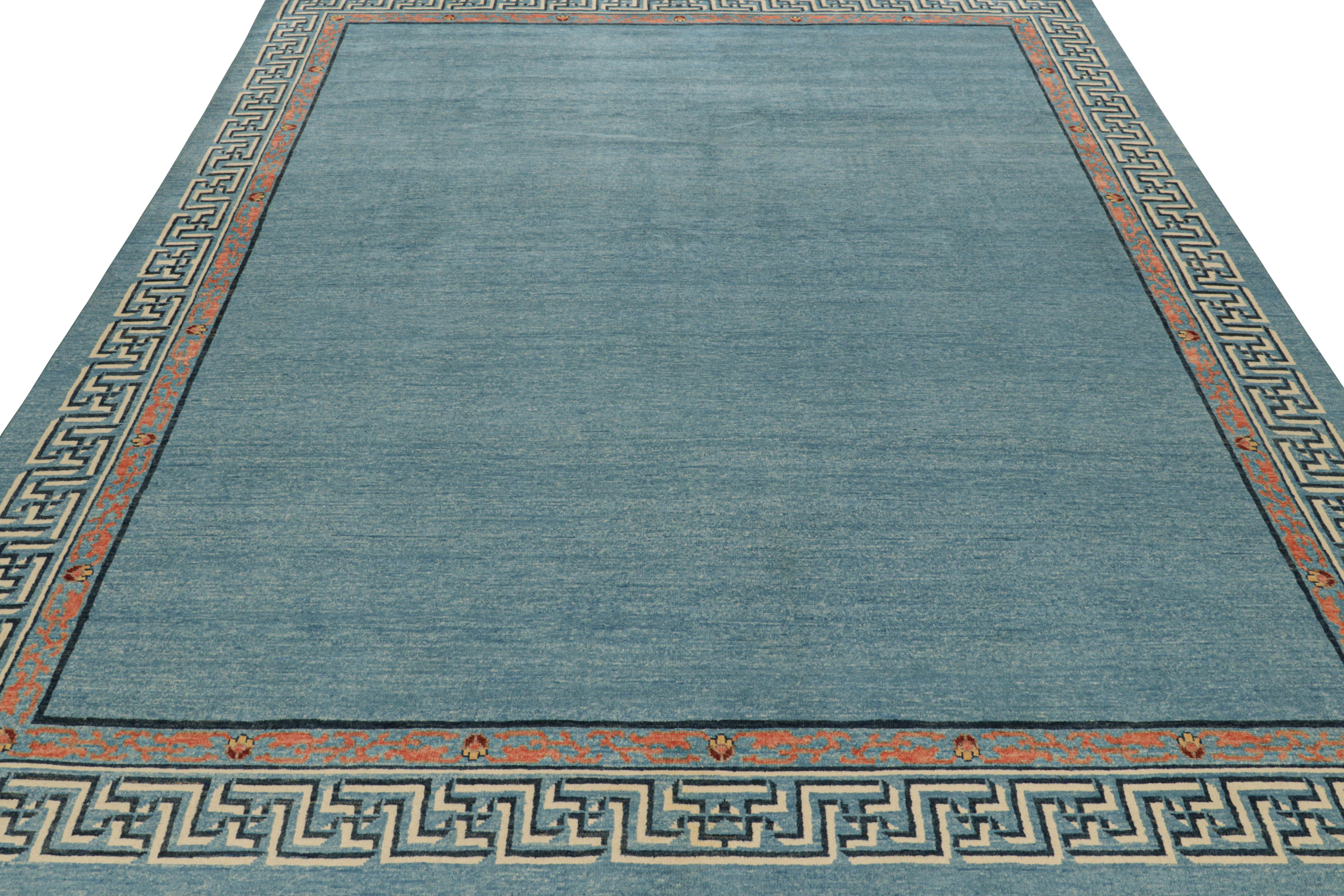 Rug & Kilim’s Art Deco Style Rug with Light Blue Open Field & Geometric Borders In New Condition For Sale In Long Island City, NY