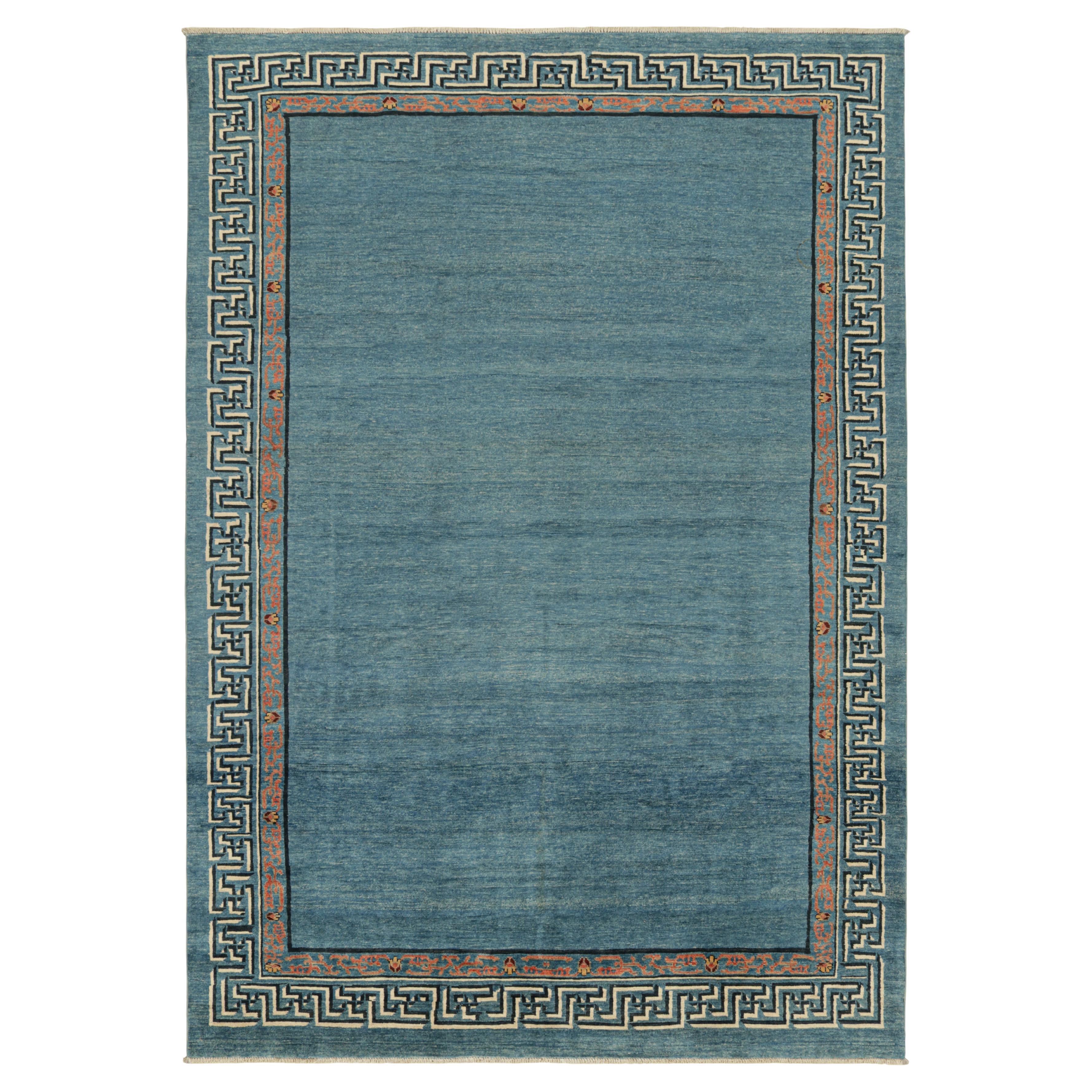 Rug & Kilim’s Art Deco Style Rug with Light Blue Open Field & Geometric Borders For Sale