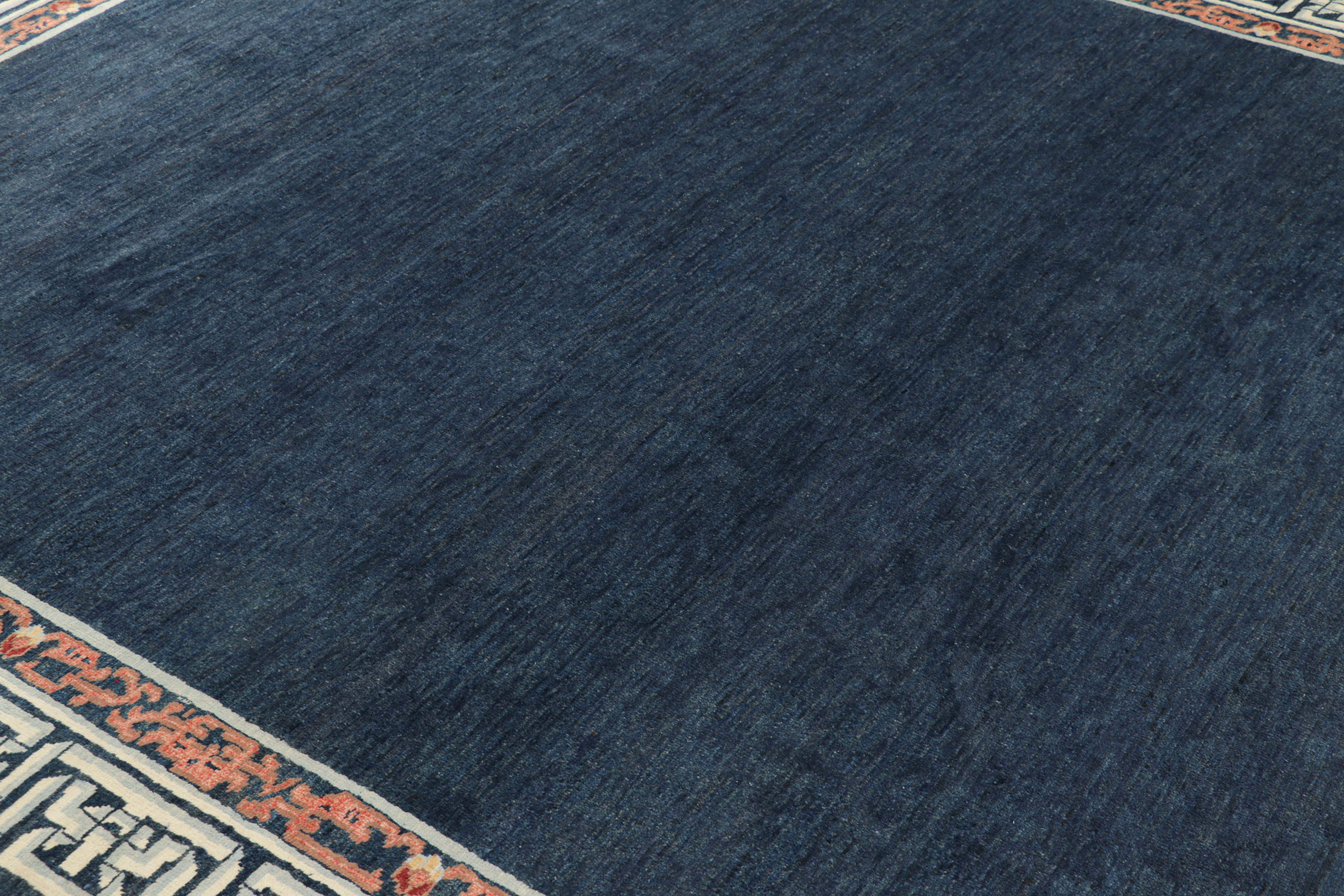 Hand-knotted in wool, this 8x9 Modern Classics rug by Rug & Kilim enjoys an open field design and geometric border inspired by the Chinese Art Deco movement of the 1920s.

On the Design: 

Navy blue tones underscore the open field, while a play of
