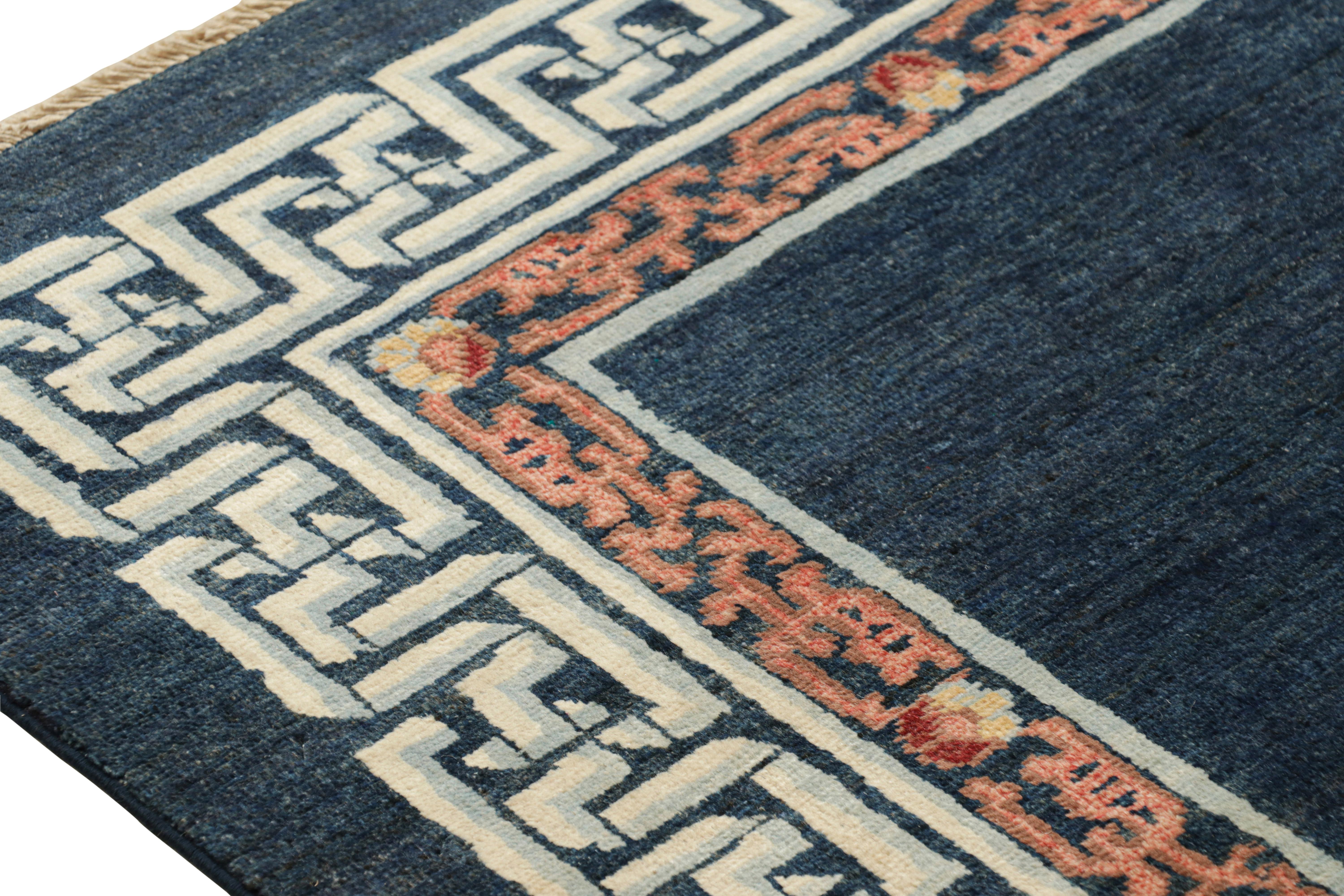 Afghan Rug & Kilim’s Art Deco Style Rug with Navy Blue Open Field & Geometric Borders For Sale