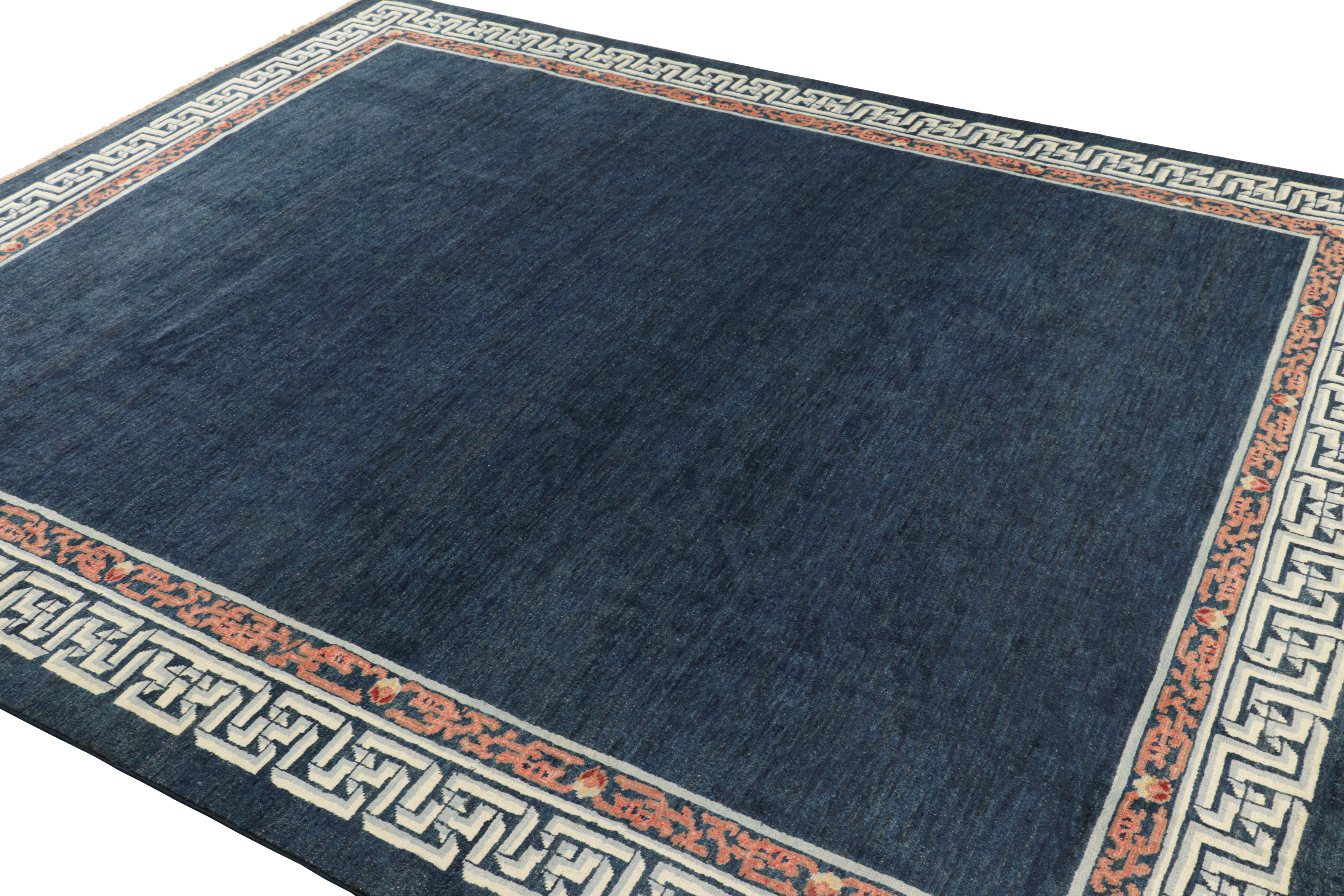 Hand-Knotted Rug & Kilim’s Art Deco Style Rug with Navy Blue Open Field & Geometric Borders For Sale