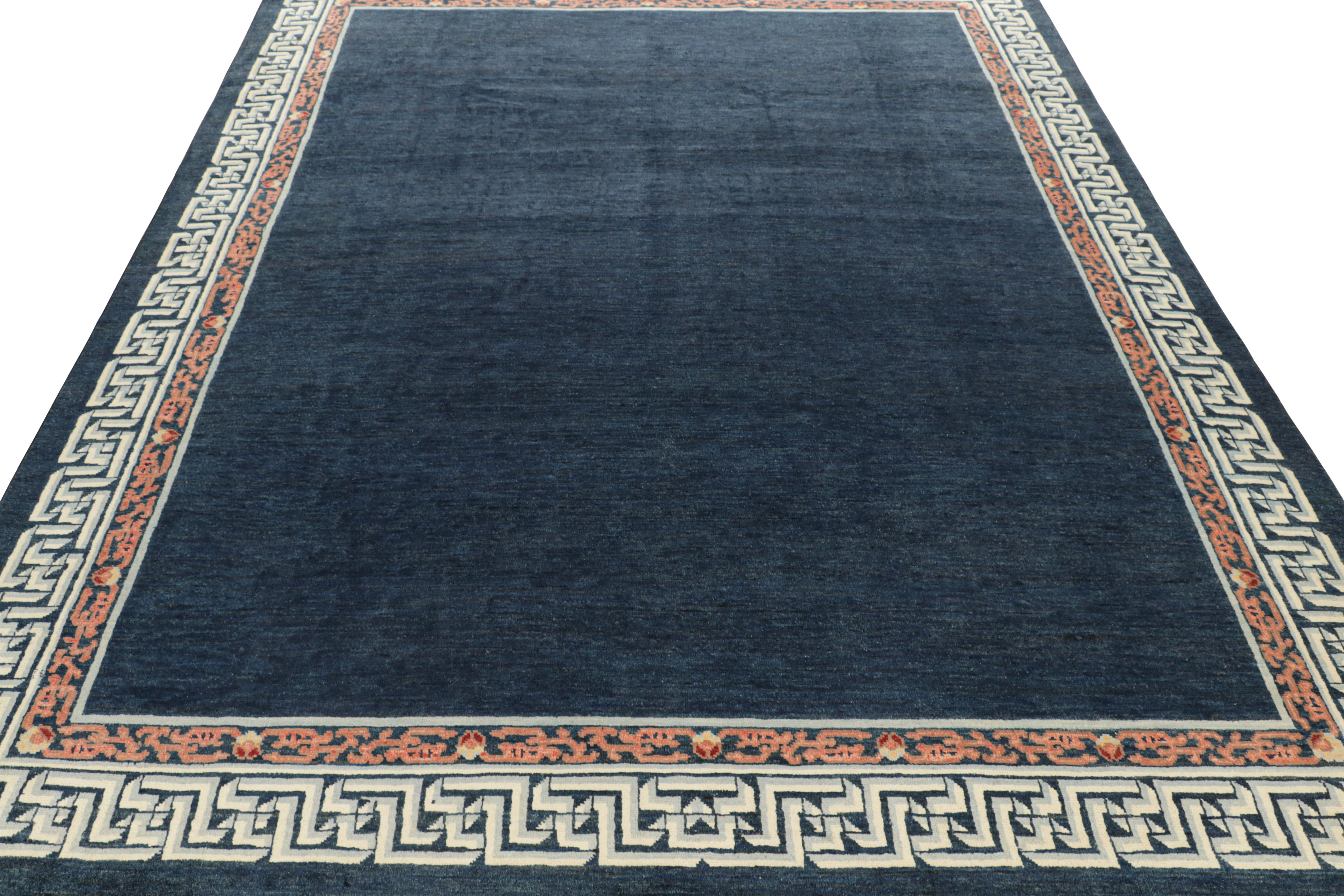 Rug & Kilim’s Art Deco Style Rug with Navy Blue Open Field & Geometric Borders In New Condition For Sale In Long Island City, NY