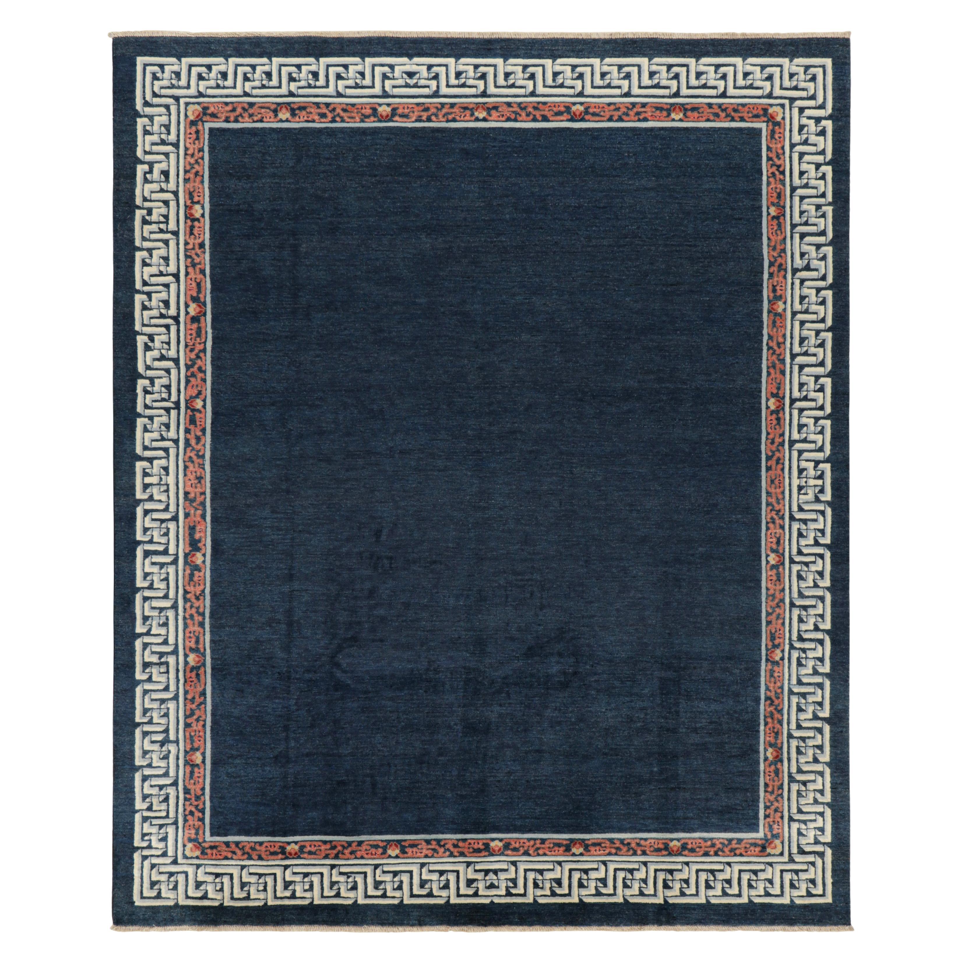 Rug & Kilim’s Art Deco Style Rug with Navy Blue Open Field & Geometric Borders