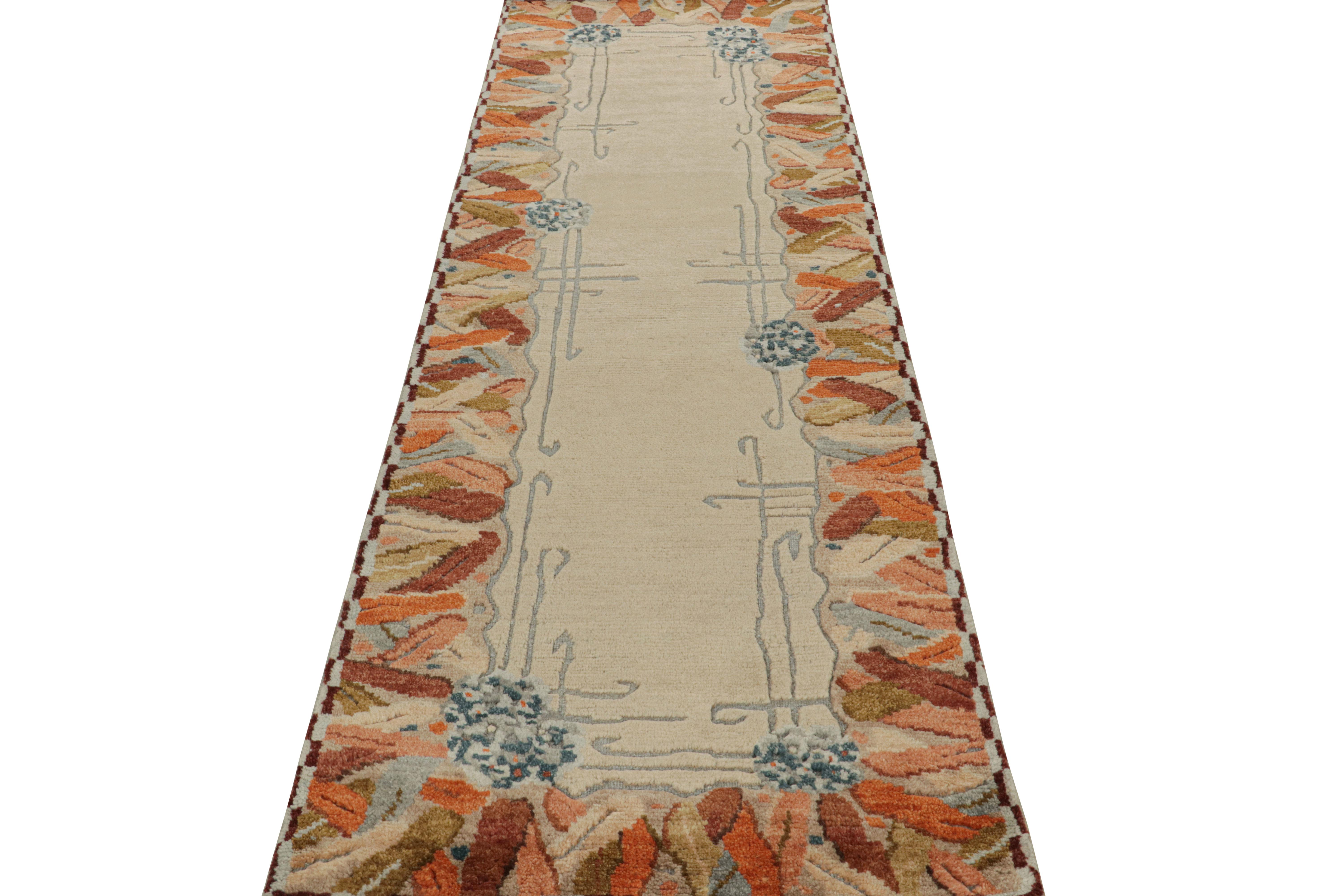 Indian Rug & Kilim’s Art Deco style Runner Rug with Beige Open Field & Colorful Border For Sale