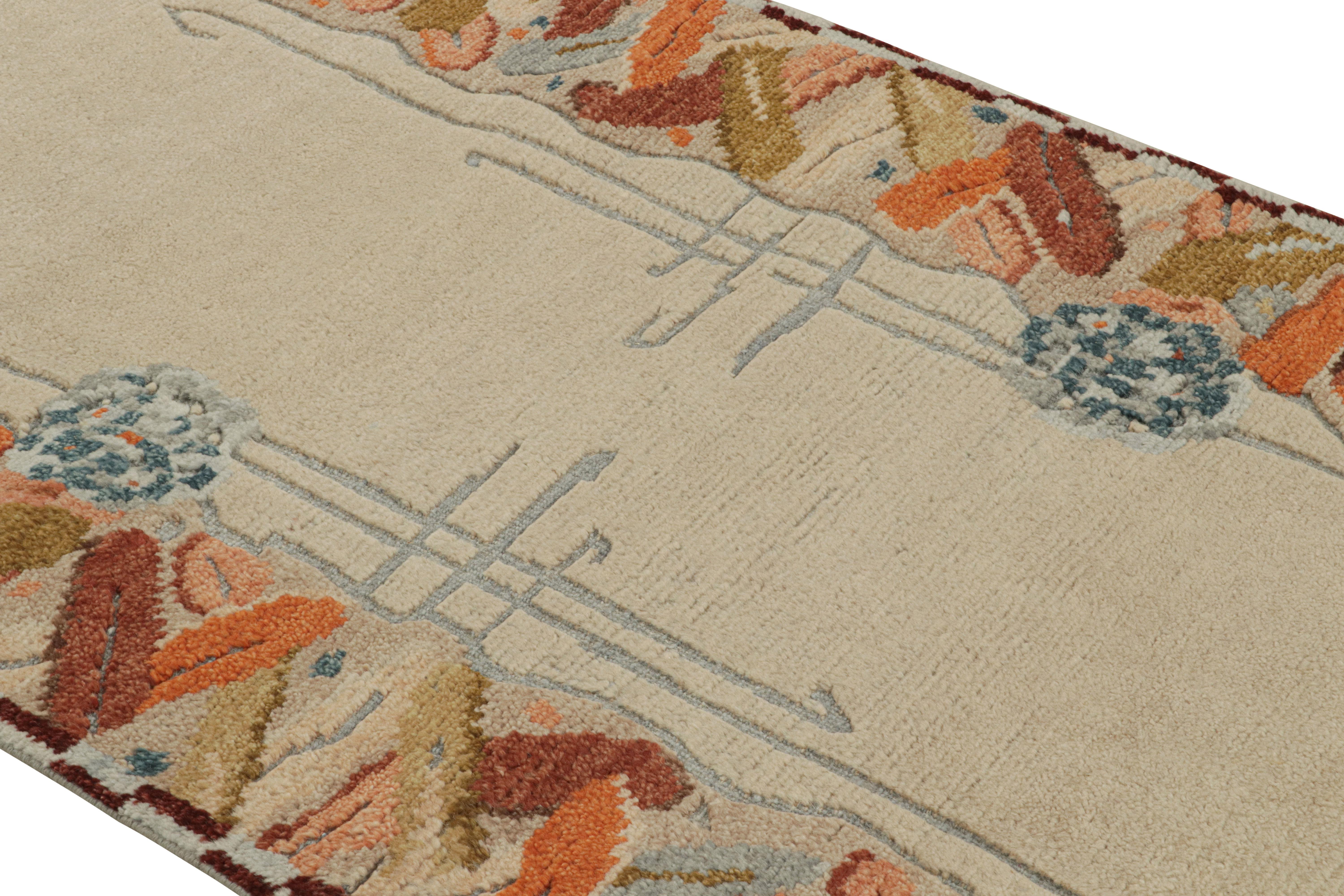 Hand-Knotted Rug & Kilim’s Art Deco style Runner Rug with Beige Open Field & Colorful Border For Sale