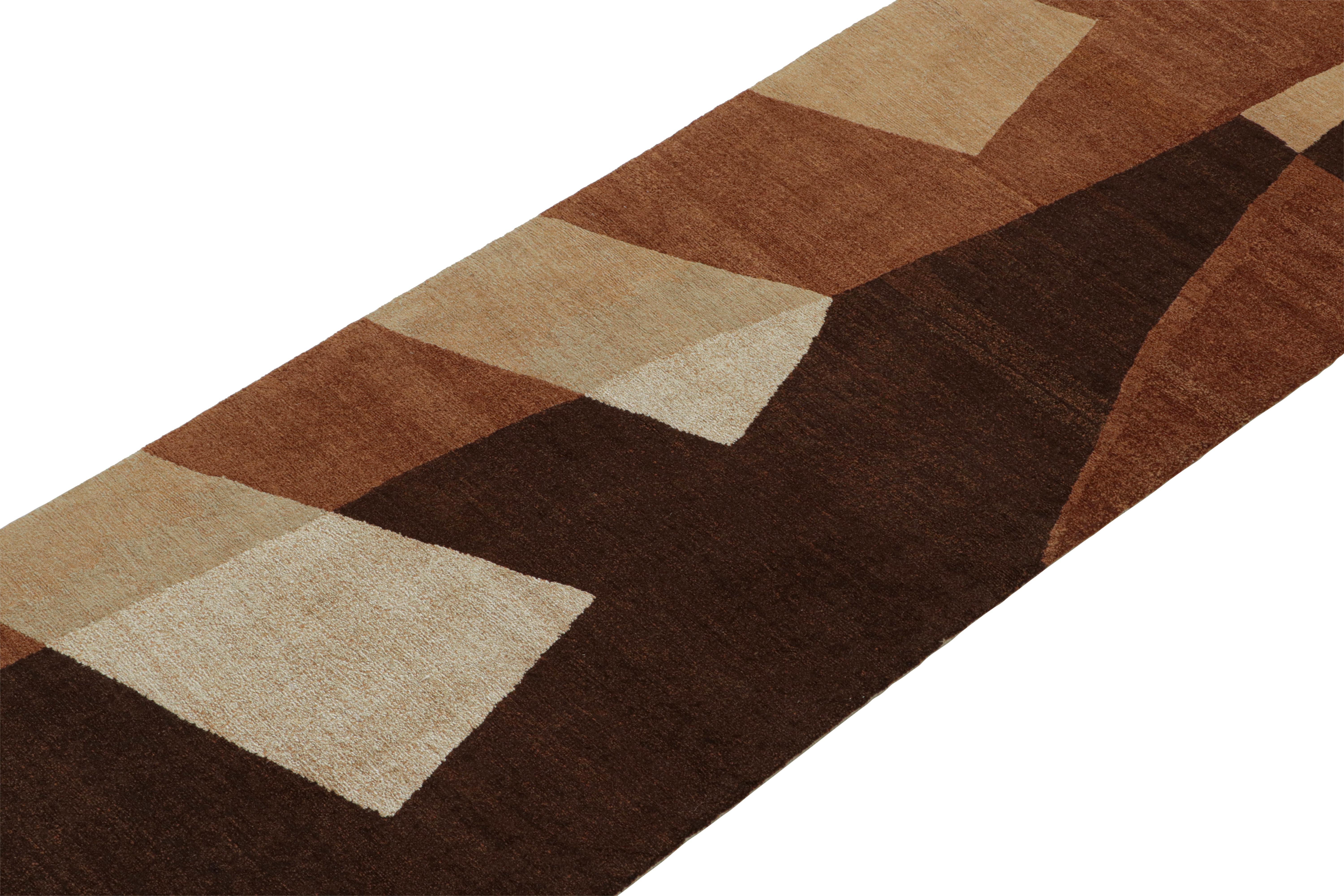 Hand-Knotted Rug & Kilim’s Art Deco Style runner with Geometric Patterns in Tones of Brown For Sale