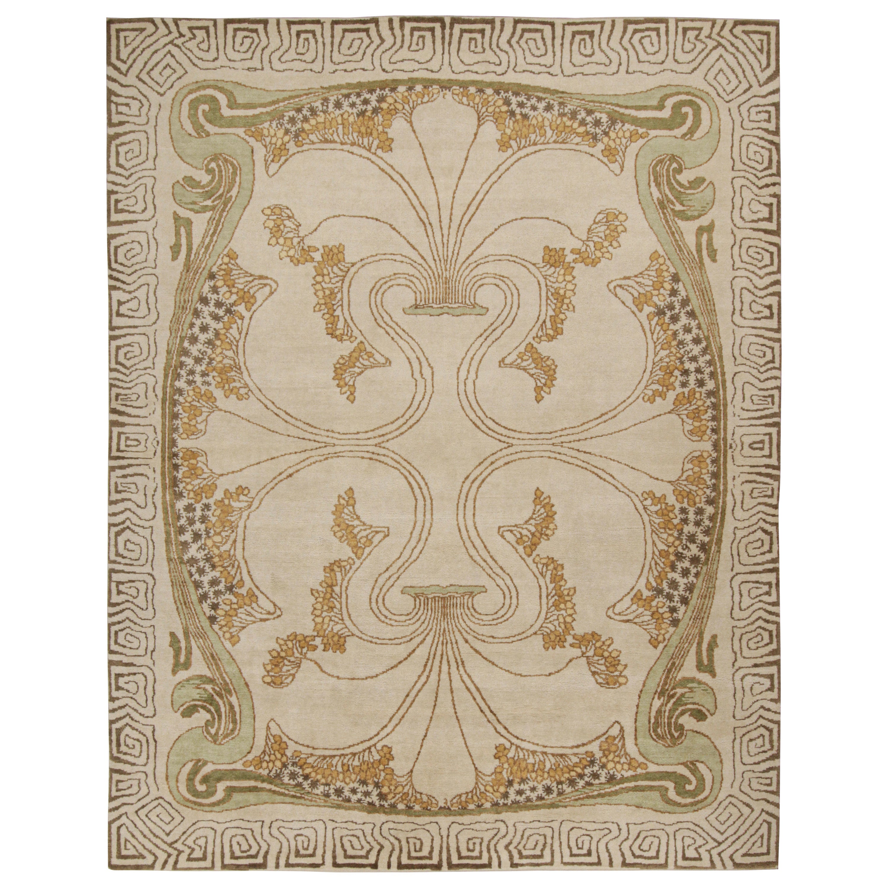 Rug & Kilim - Tappeto Art Nouveau color crema con motivi floreali in oro e verde in vendita