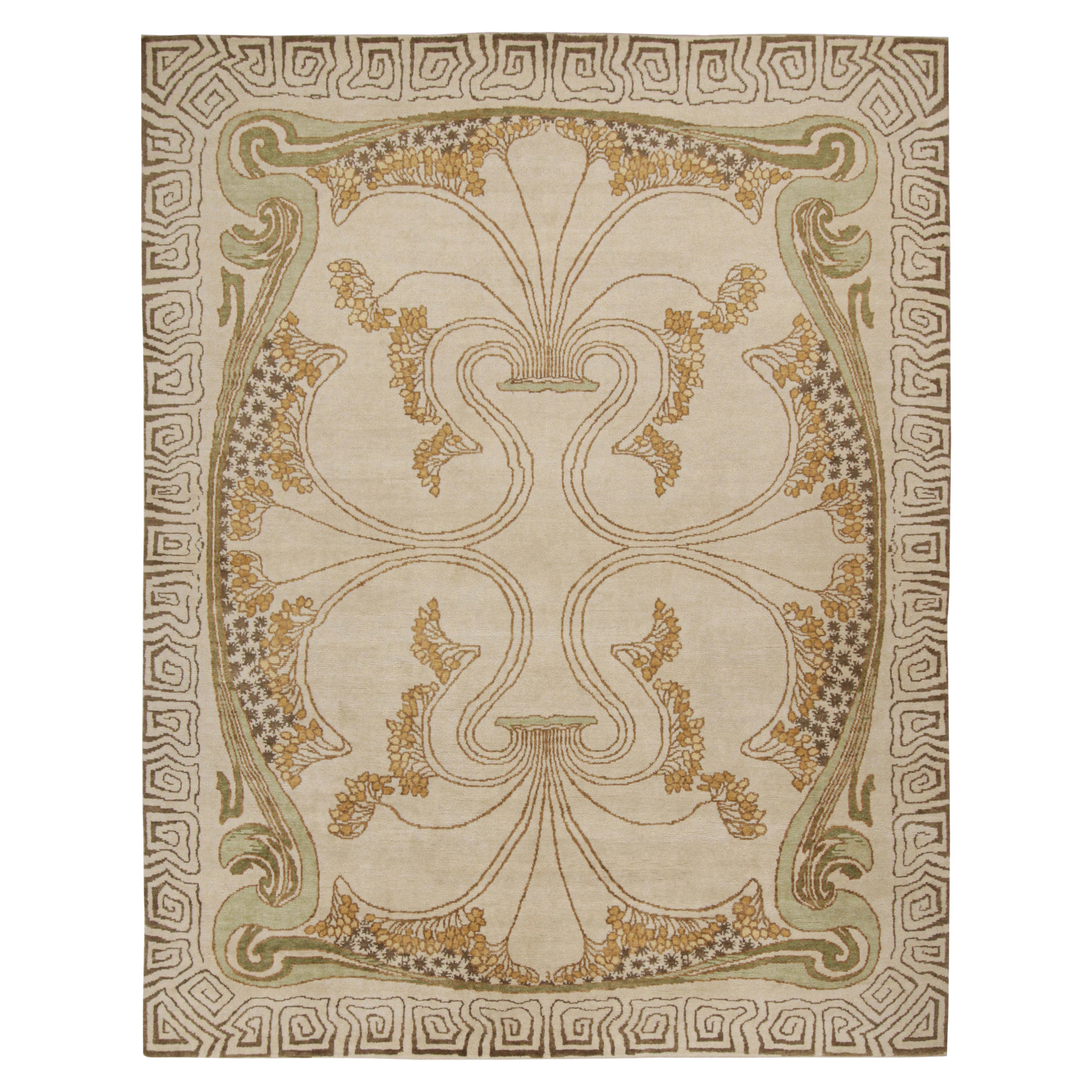 Rug & Kilim - Tappeto Art Nouveau color crema con motivi floreali in oro e verde
