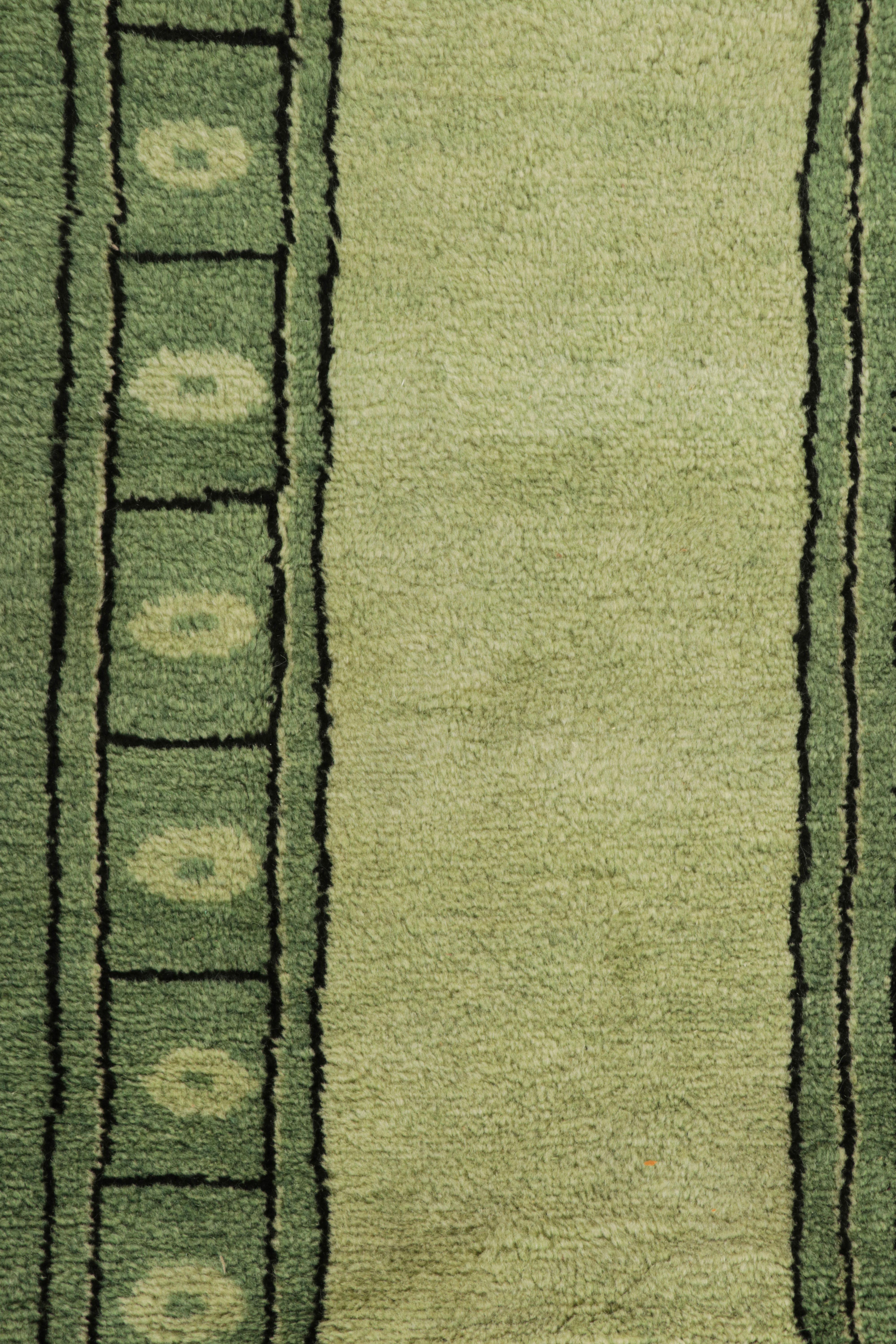 Arts and Crafts Rug & Kilim’s Art Nouveau Style Custom Rug Design with Green Geometric Pattern For Sale