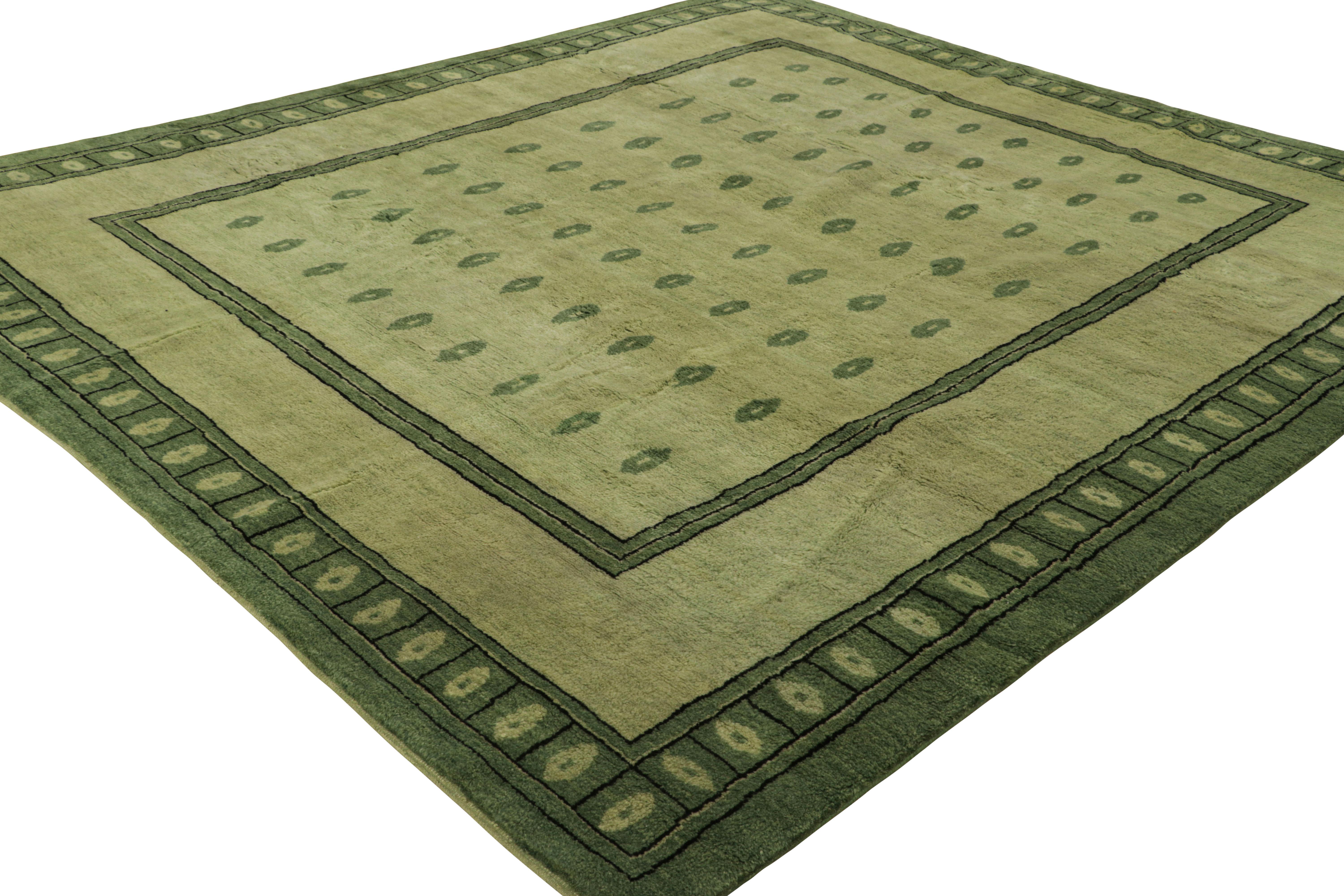 Indian Rug & Kilim’s Art Nouveau Style Custom Rug Design with Green Geometric Pattern For Sale