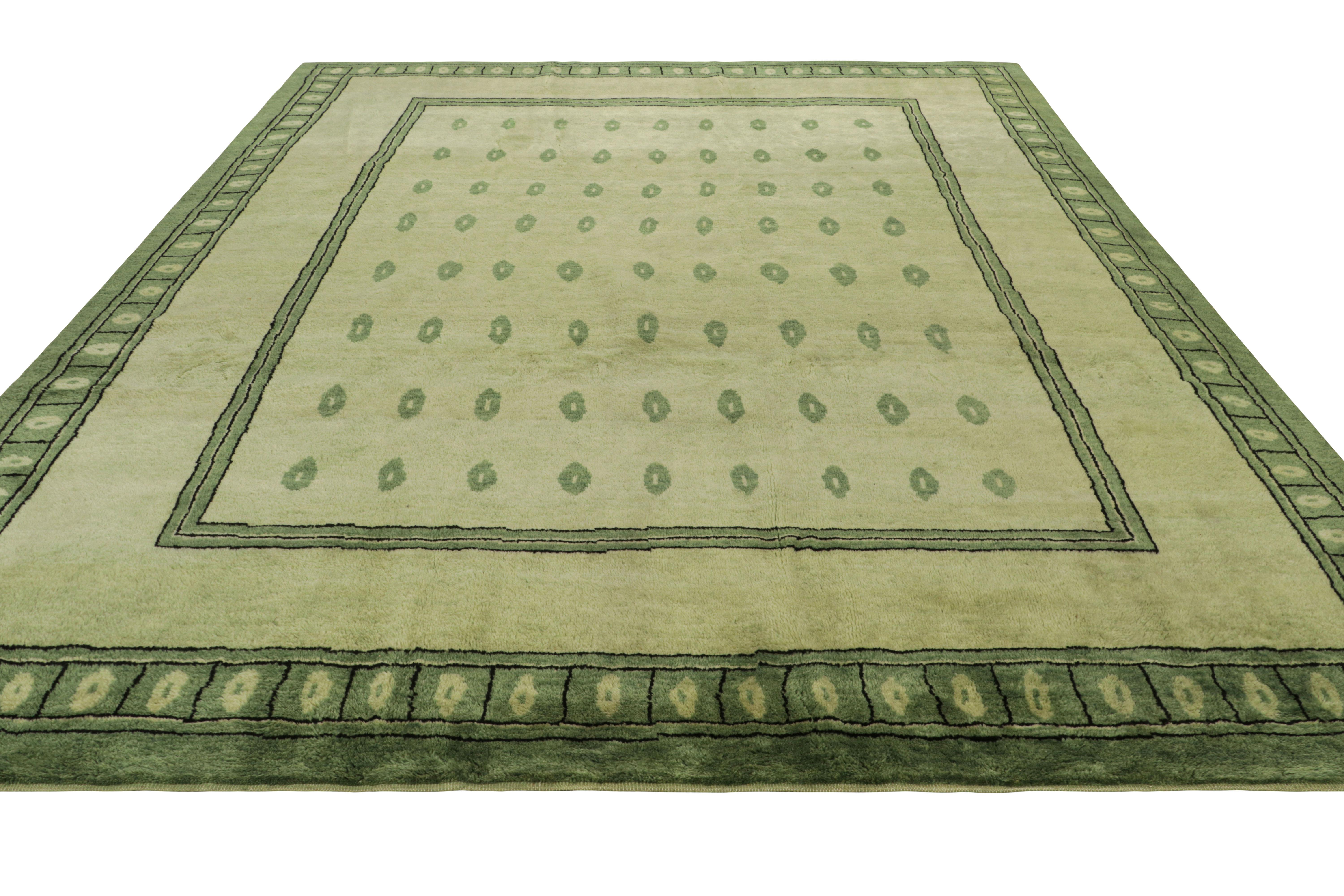 Hand-Knotted Rug & Kilim’s Art Nouveau Style Custom Rug Design with Green Geometric Pattern For Sale