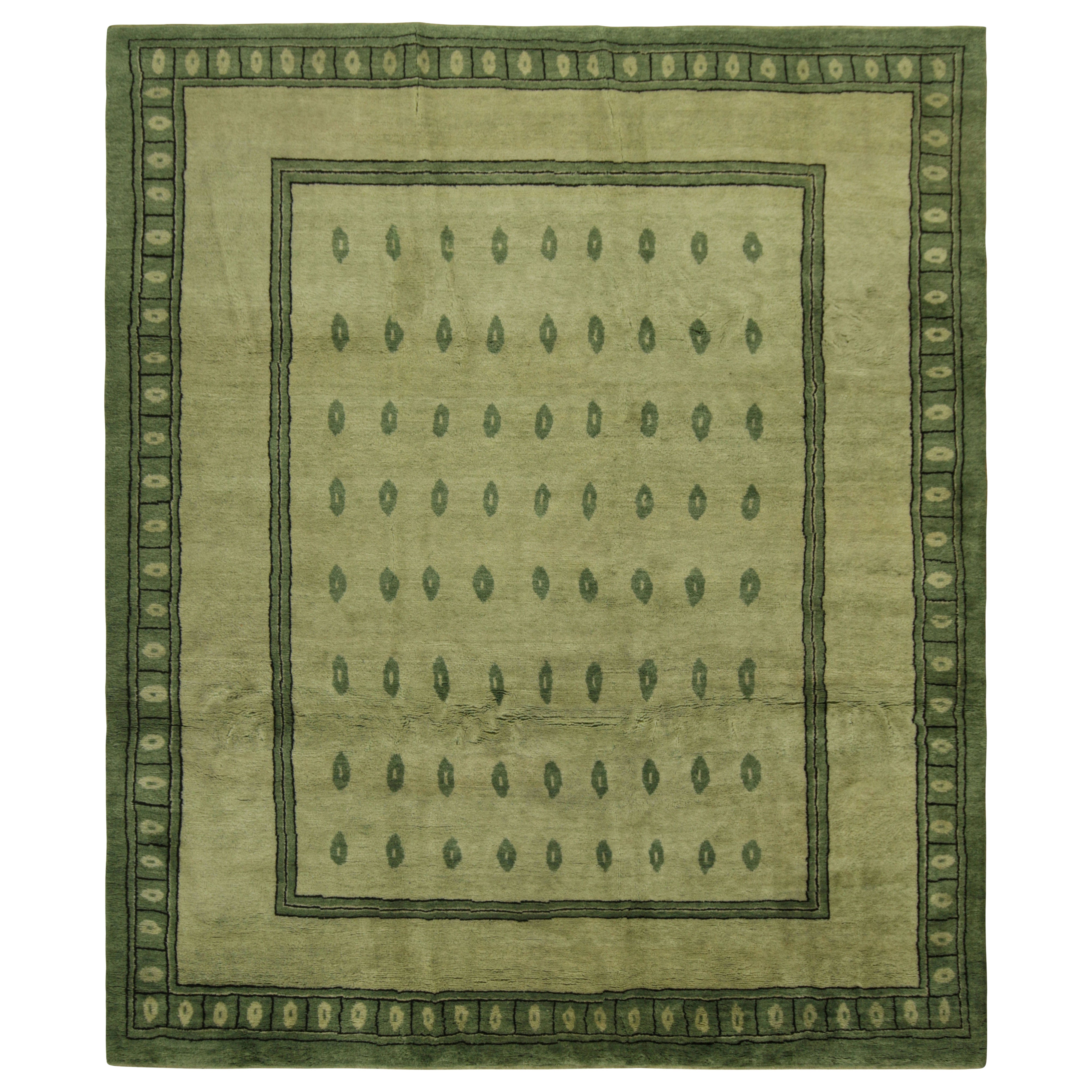 Rug & Kilim’s Art Nouveau Style Custom Rug Design with Green Geometric Pattern For Sale