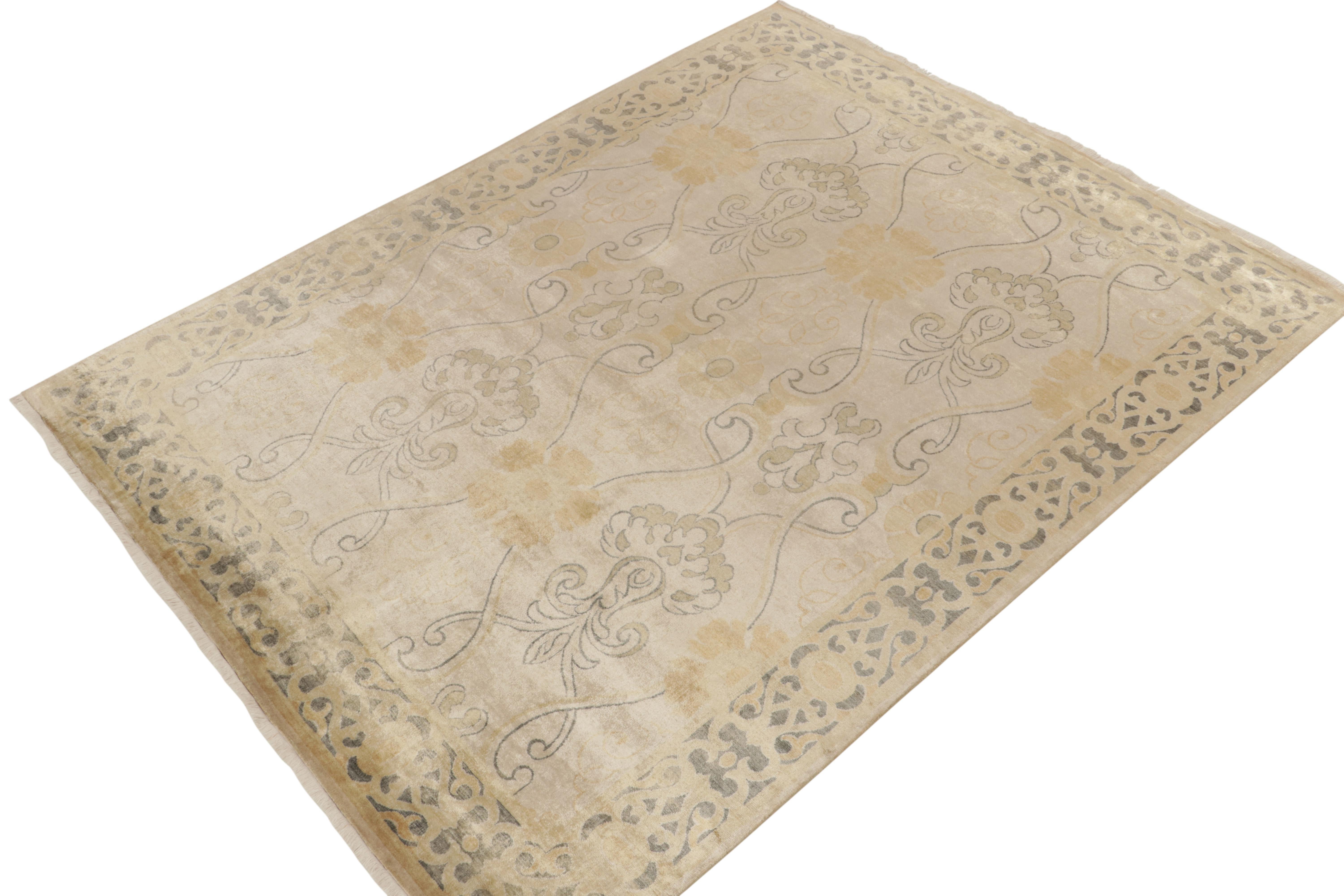 Hand-knotted in luxurious silk, this 8x10 from our Modern Classics collection marks a unique take on antique Art Nouveau rug styles. 

On the Design: A gracious scale hosts curvaceous trellises and florals in the most elegant play of beige and
