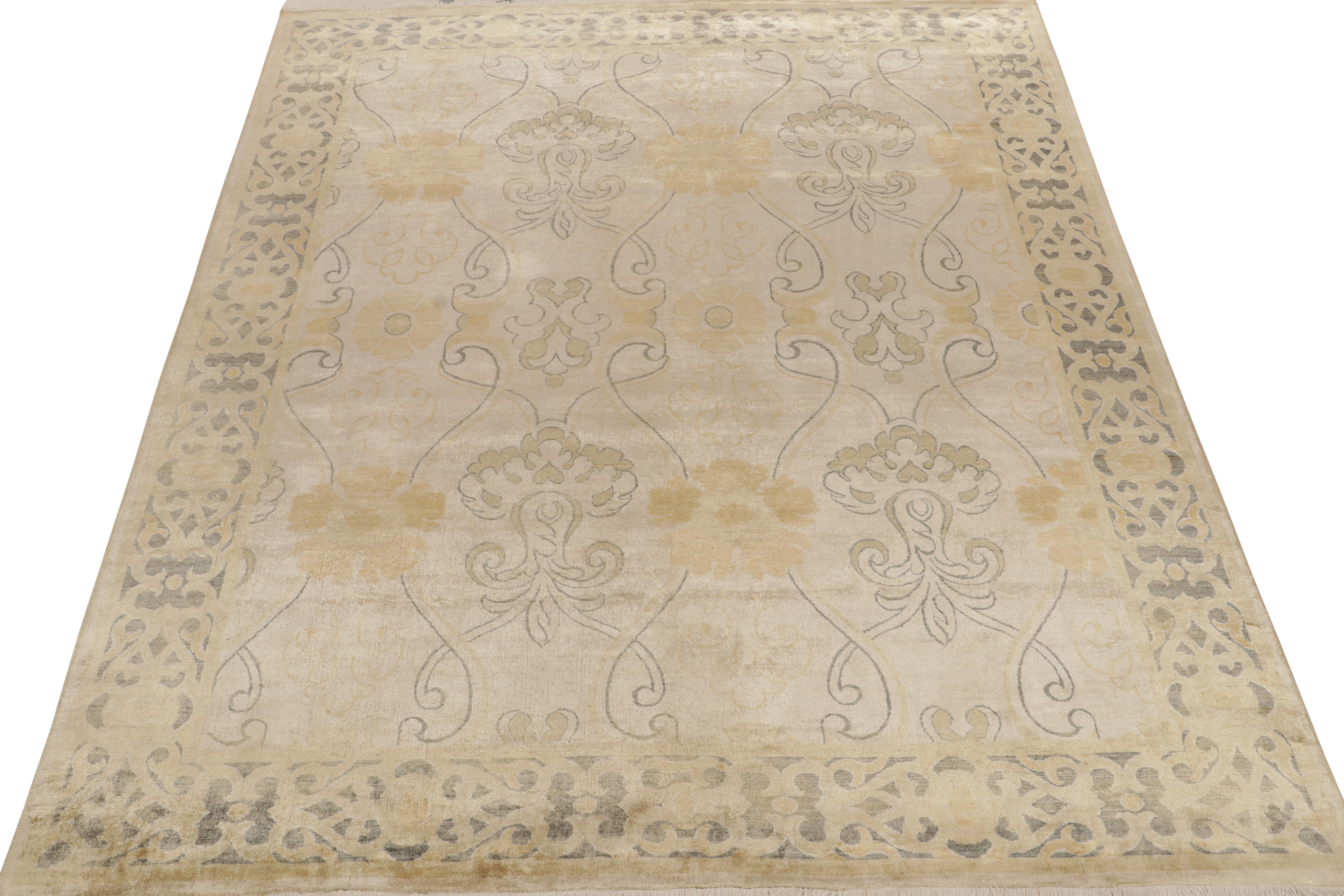 Indian Rug & Kilim’s Art Nouveau Style Rug in Beige with Gold Trellis Floral Patterns For Sale