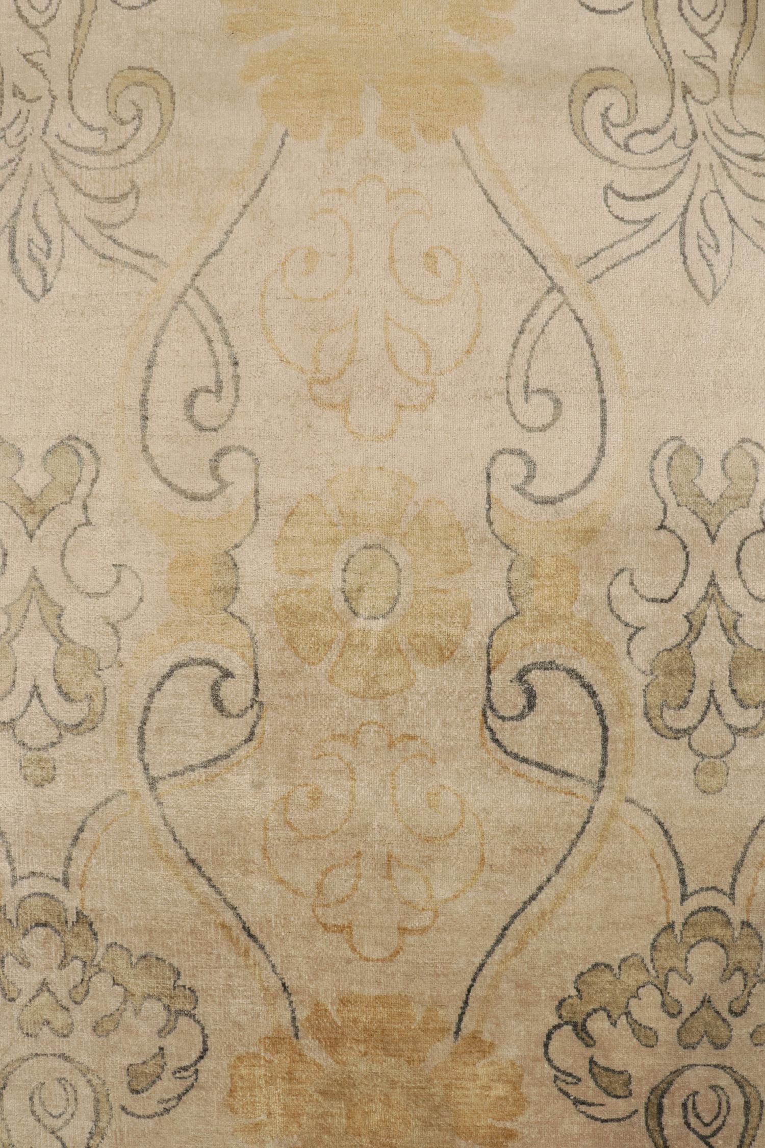 Contemporary Rug & Kilim’s Art Nouveau Style Rug in Beige with Gold Trellis Floral Patterns For Sale