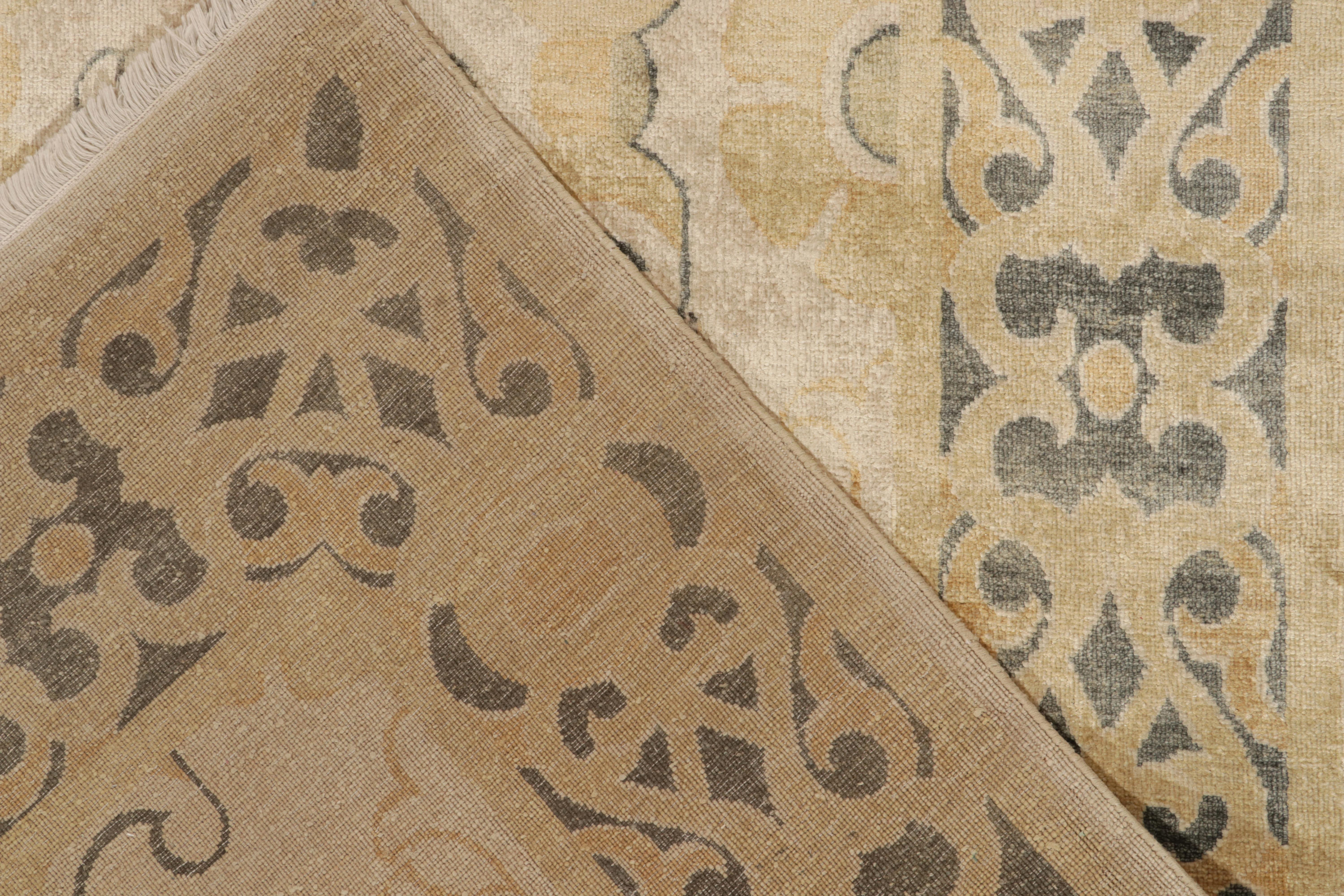 Silk Rug & Kilim’s Art Nouveau Style Rug in Beige with Gold Trellis Floral Patterns For Sale