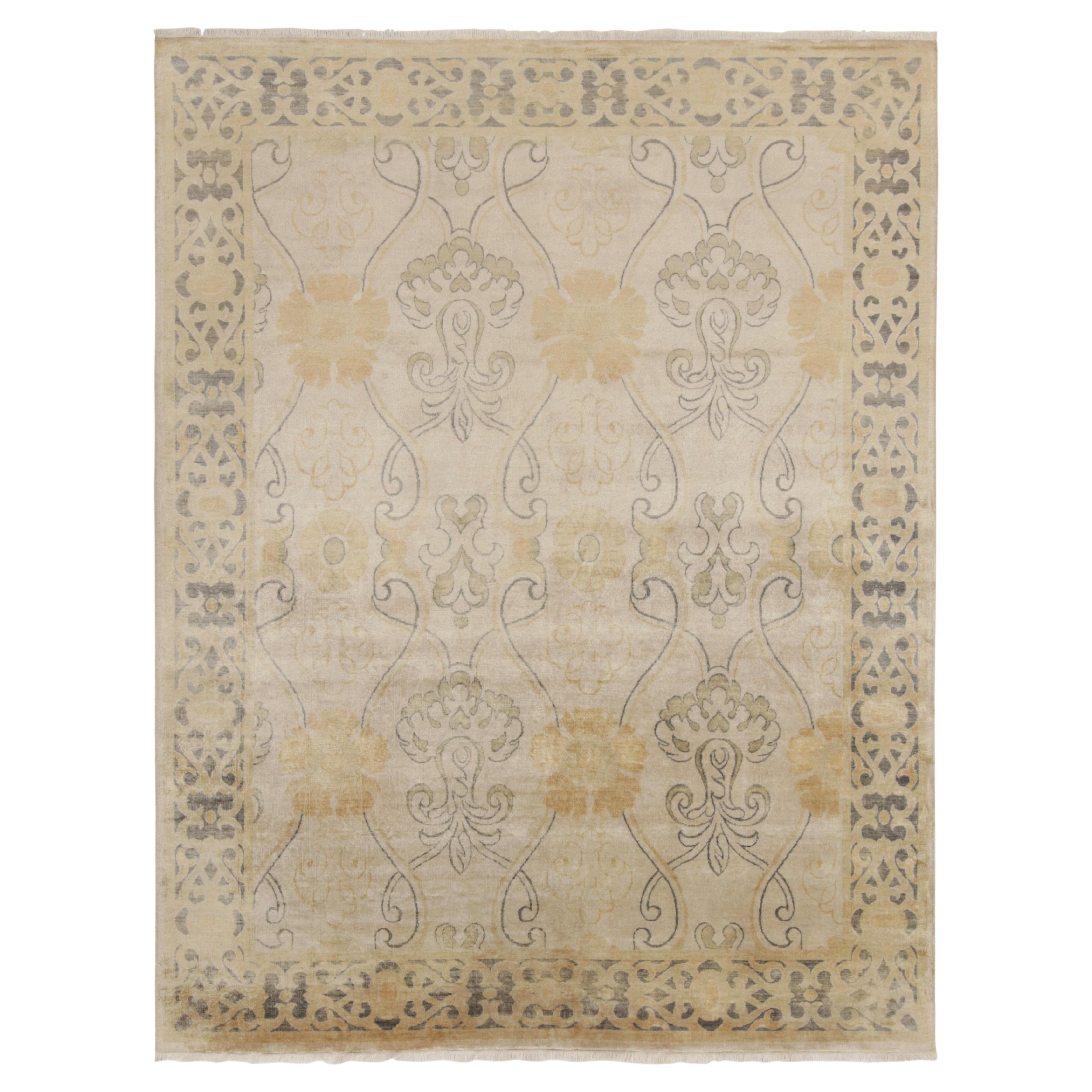 Rug & Kilim’s Art Nouveau Style Rug in Beige with Gold Trellis Floral Patterns For Sale